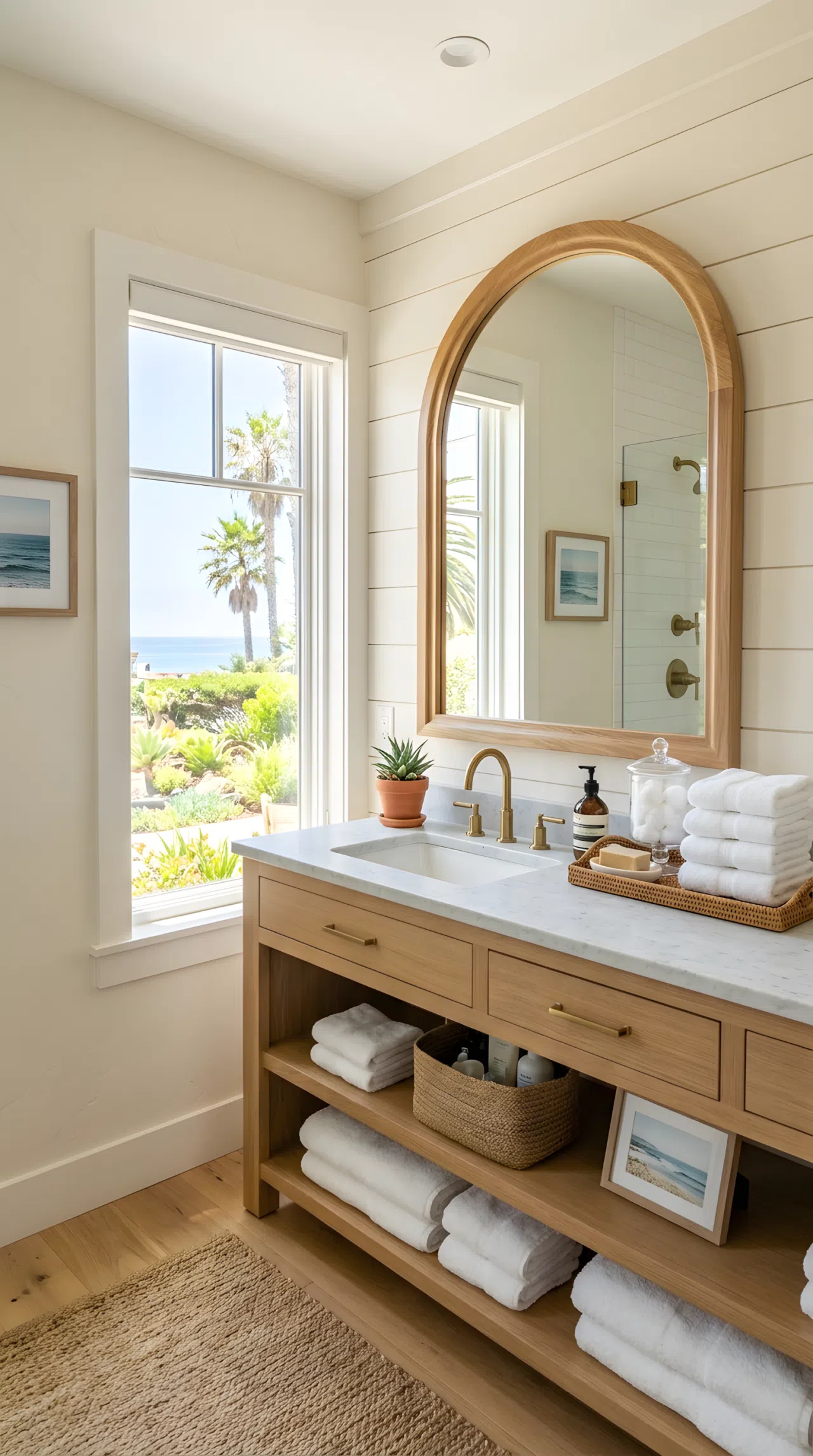 Real-life photo of a bright coastal-style bathroom vanity with a large arched wood-framed mirror, neatly organized countertop with folded white towels, bright natural light streaming through a window, clean and beautifully arranged, vibrant warm tones, stock photography style.