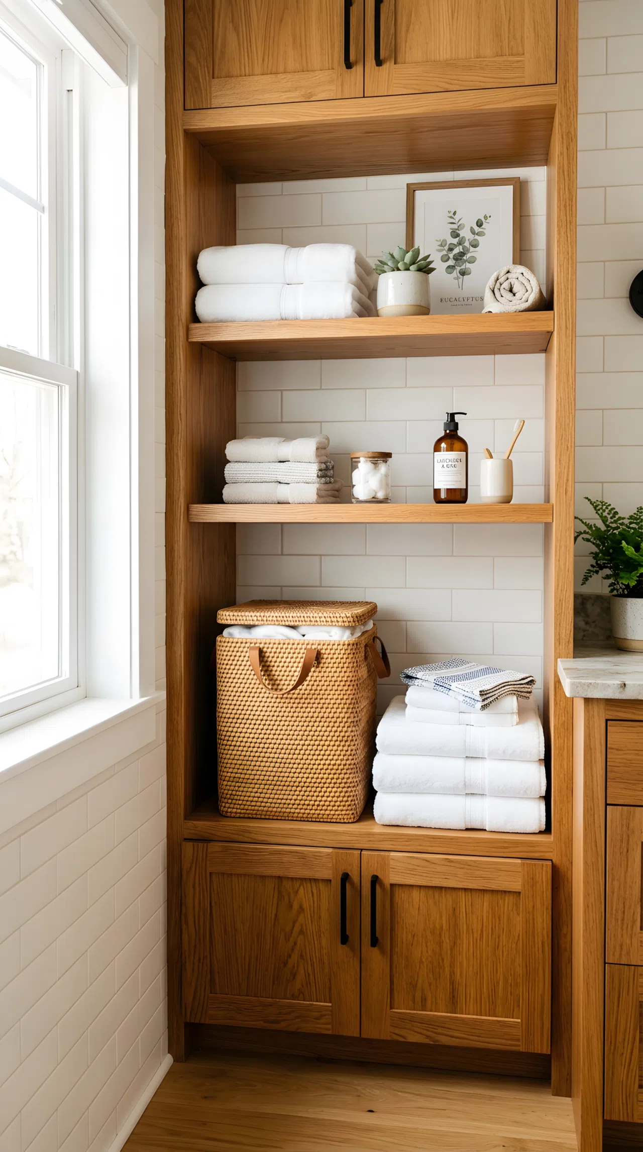 Real-life photo of a built-in bathroom cabinet nook with a neatly arranged woven hamper basket, clean folded linens beside it, organized shelving, bright natural light, beautifully styled, vibrant warm wood tones, stock photography style.