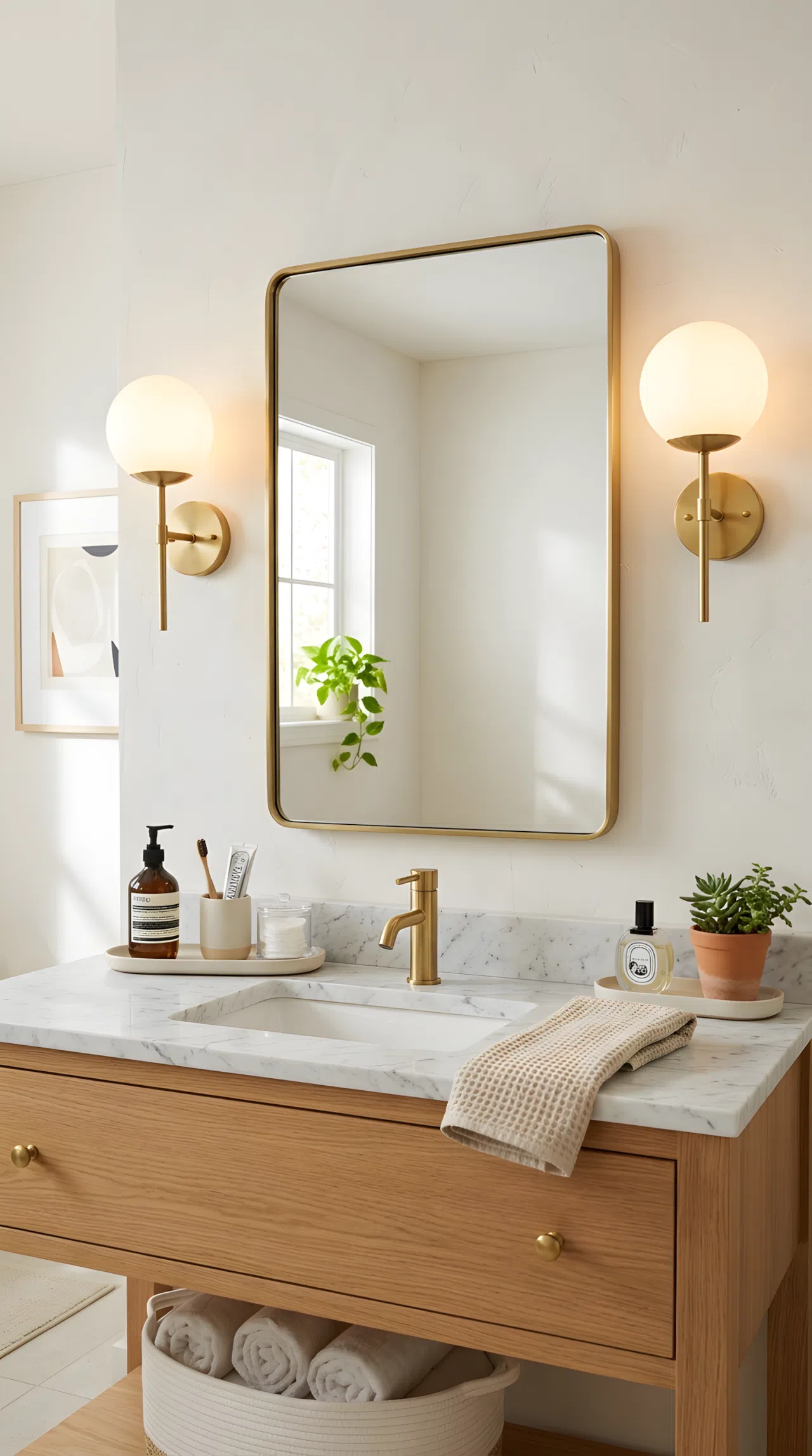 Real-life photo of a bathroom vanity mirror flanked by two wall sconces mounted at eye level, warm soft light illuminating the face area evenly from both sides, neatly organized countertop, bright and clean styling, beautifully arranged, vibrant natural tones, stock photography style.