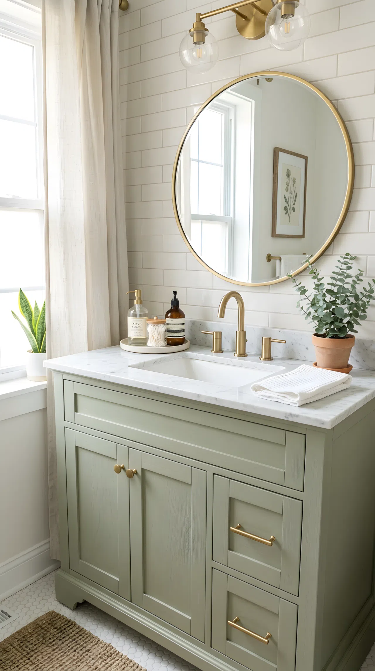 Real-life photo of a bathroom vanity painted in muted sage green (RGB 176, 190, 155), brushed brass faucet and hardware, white marble countertop, neatly arranged toiletries, bright natural light, clean and beautifully organized, vibrant fresh tones, stock photography style.