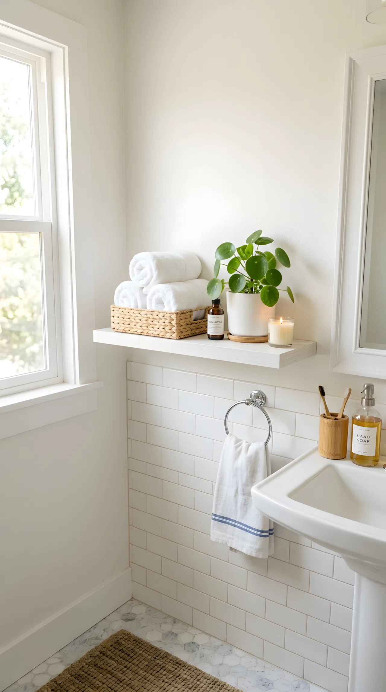 Real-life photo of a narrow bathroom corner with a slim white floating shelf holding neatly rolled towels and a small plant, bright natural light, clean and beautifully arranged, organized styling, vibrant fresh accents, stock photography style.