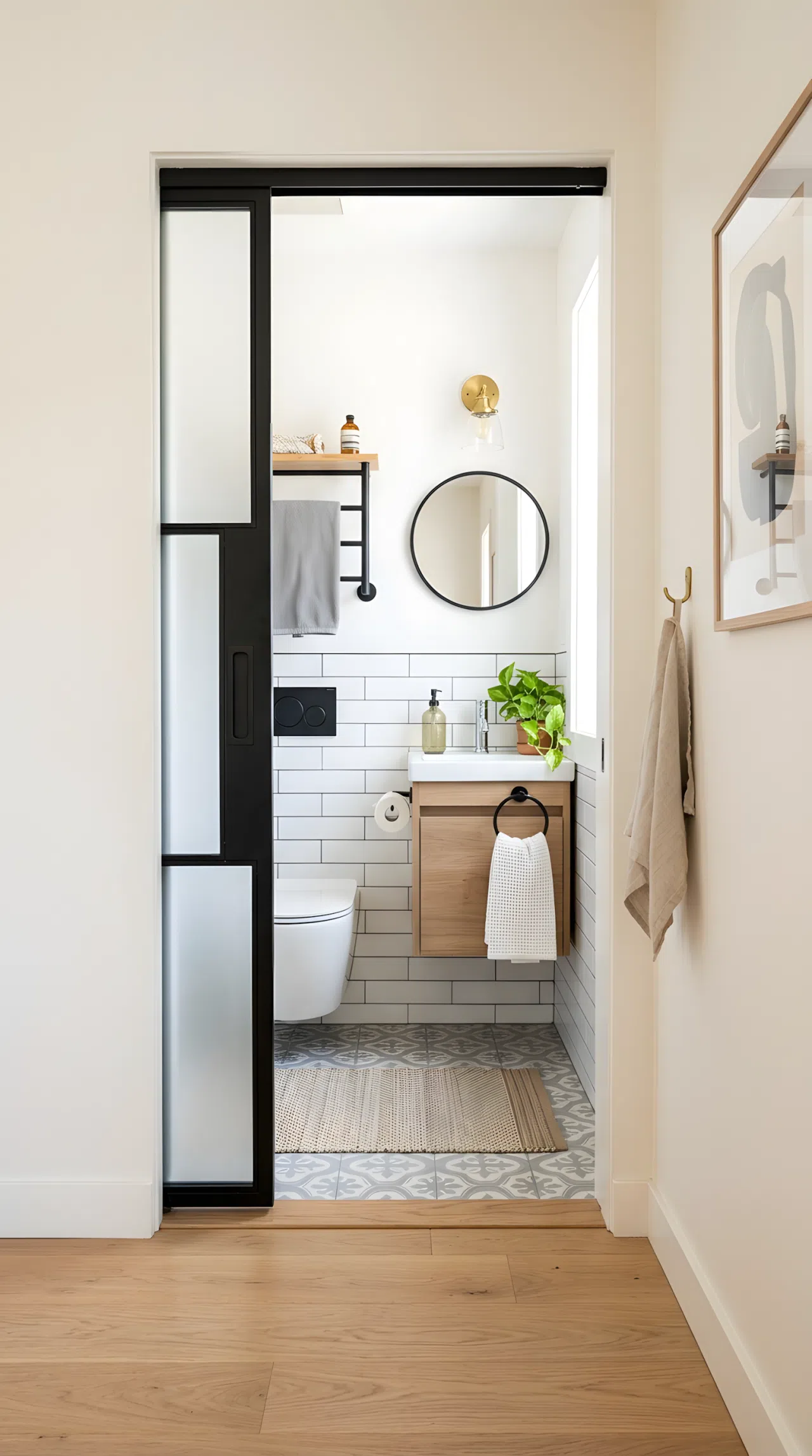Real-life photo of a small bathroom entrance with a sliding black metal-framed pocket door, frosted glass panel, neatly organized interior visible beyond, bright natural light, clean and beautifully arranged, vibrant modern tones, stock photography style.