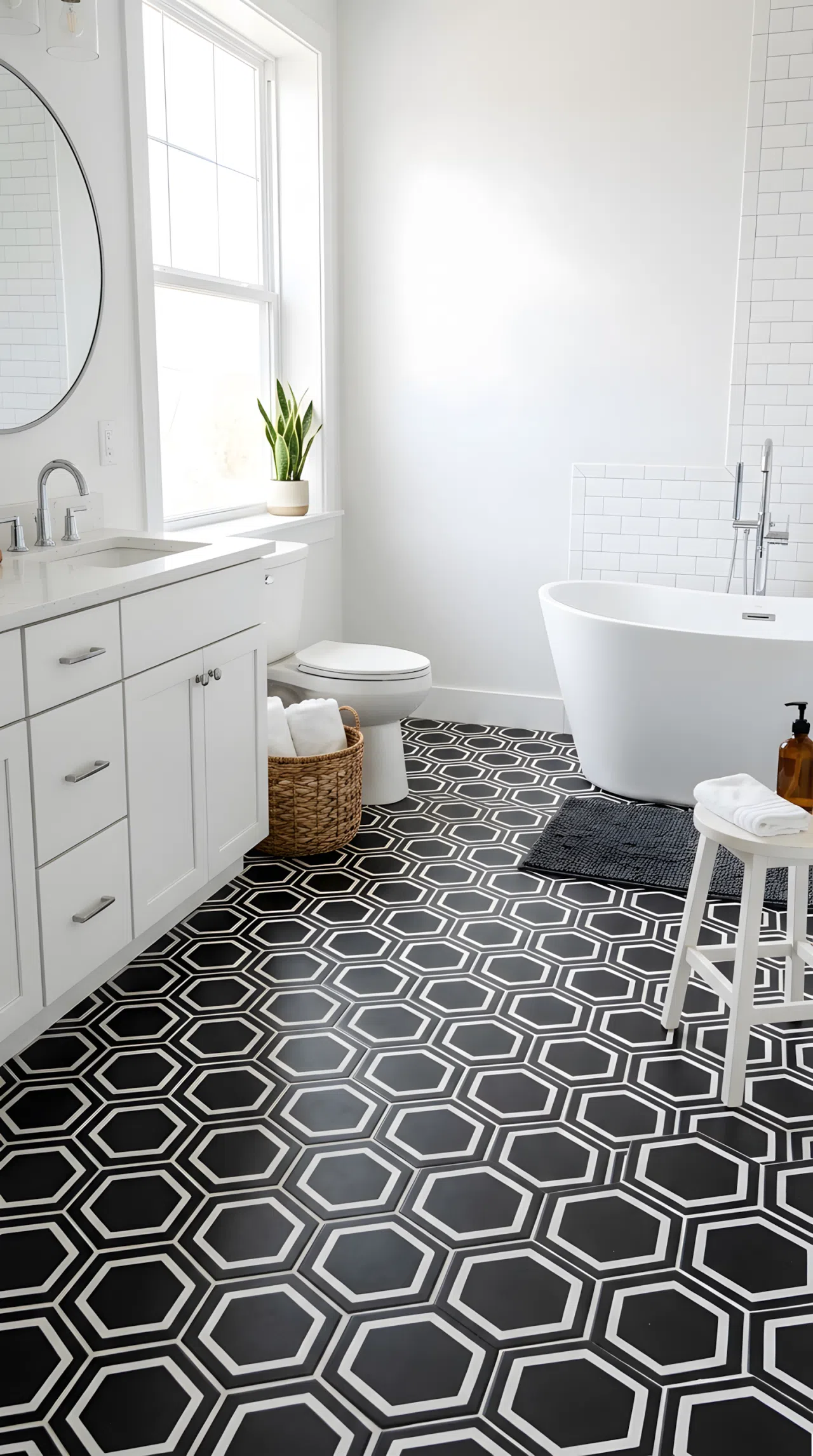 Real-life photo of a bathroom floor with geometric black and white hexagon tile pattern, white walls and fixtures, bright natural light highlighting the tile contrast, clean and beautifully arranged, vibrant crisp tones, stock photography style.