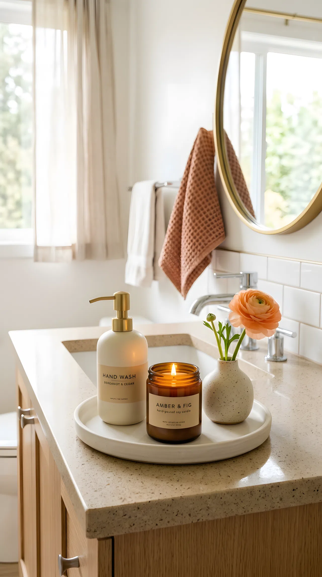 Real-life photo of a bathroom vanity counter with a matte ceramic tray holding soap dispenser, candle, and small bud vase with a single flower, neatly arranged, bright natural light, clean and organized, vibrant warm tones, stock photography style.