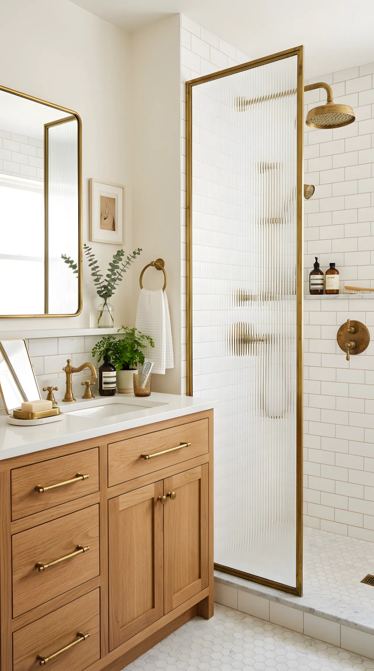 Real-life photo of a bathroom shower with fluted glass panel, aged unlacquered brass faucet and cabinet pulls nearby, neatly organized vanity, bright natural light, clean and beautifully arranged, vibrant warm brass tones, stock photography style.