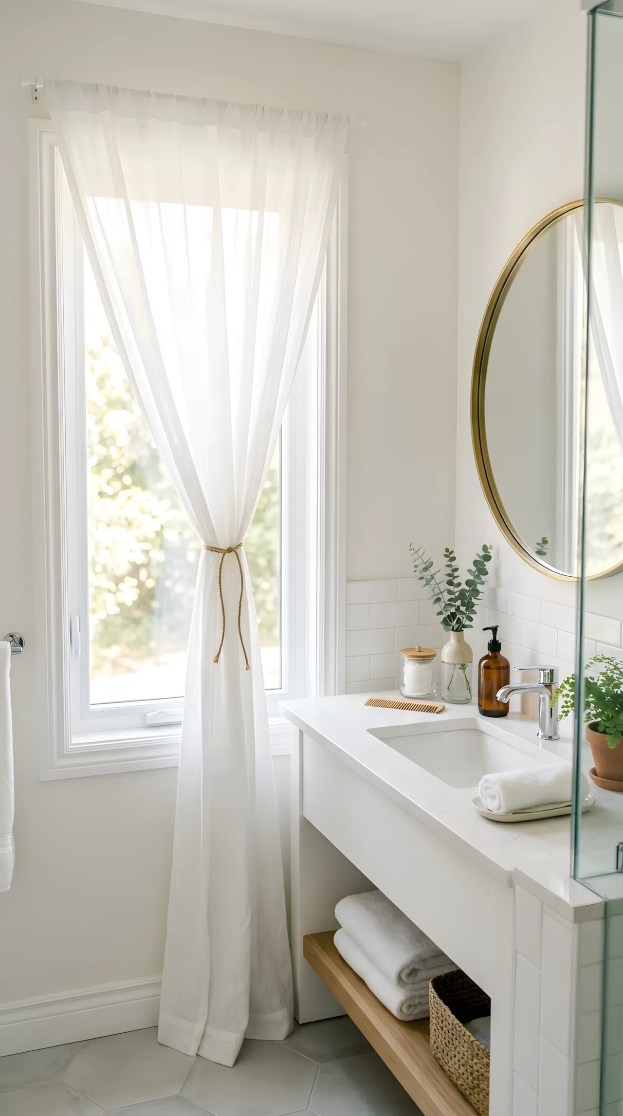 Real-life photo of a bathroom window dressed with a sheer white linen curtain, soft diffused natural light filling the room, neatly organized vanity nearby, clean and beautifully arranged, vibrant airy tones, stock photography style.