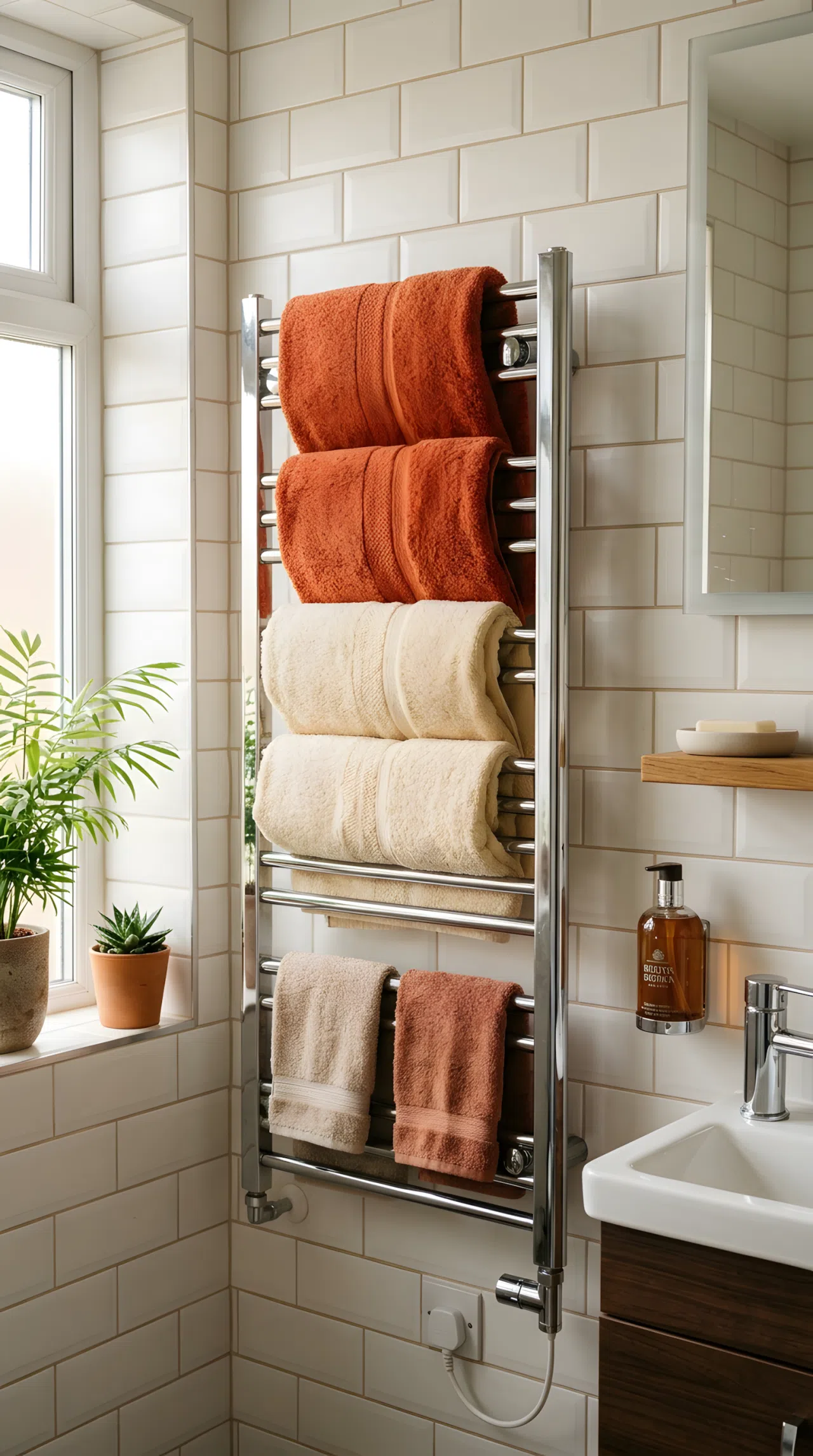 Real-life photo of a heated towel ladder rail mounted on a bathroom wall with neatly folded warm towels draped over it, bright natural light, clean and beautifully arranged, vibrant cozy tones, stock photography style.