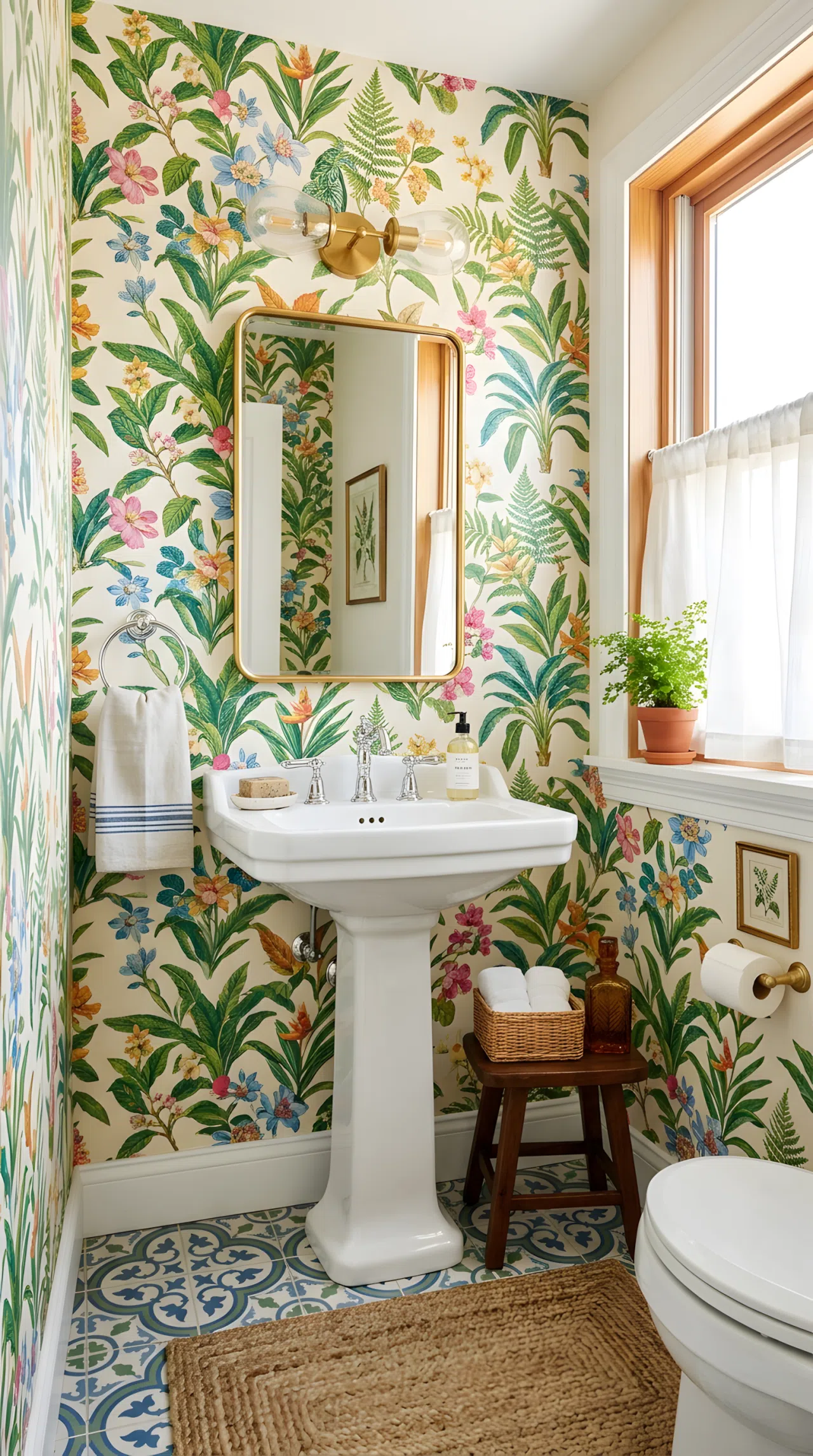 Real-life photo of a small powder room with botanical print wallpaper on the walls, pedestal sink, neatly organized styling, bright natural light, clean and beautifully arranged, vibrant floral colors, stock photography style.