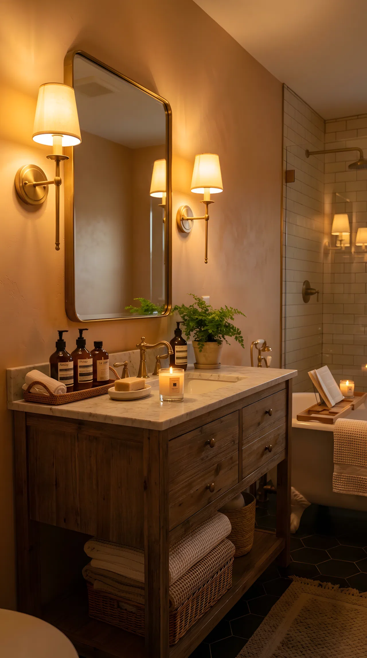 Real-life photo of a bathroom in the evening with warm dimmed lighting glowing softly from vanity fixtures, neatly arranged bath products nearby, cozy warm ambiance, clean and beautifully styled, vibrant golden tones, stock photography style.
