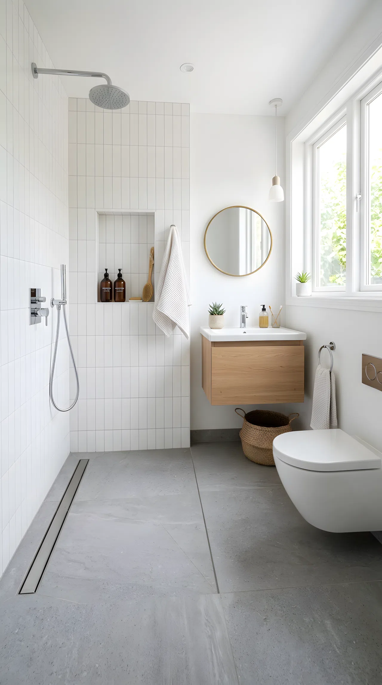 Real-life photo of a small bathroom with a curbless doorless walk-in shower, seamless tile floor transition, neatly organized fixtures, bright natural light, clean and open styling, vibrant fresh tones, stock photography style.