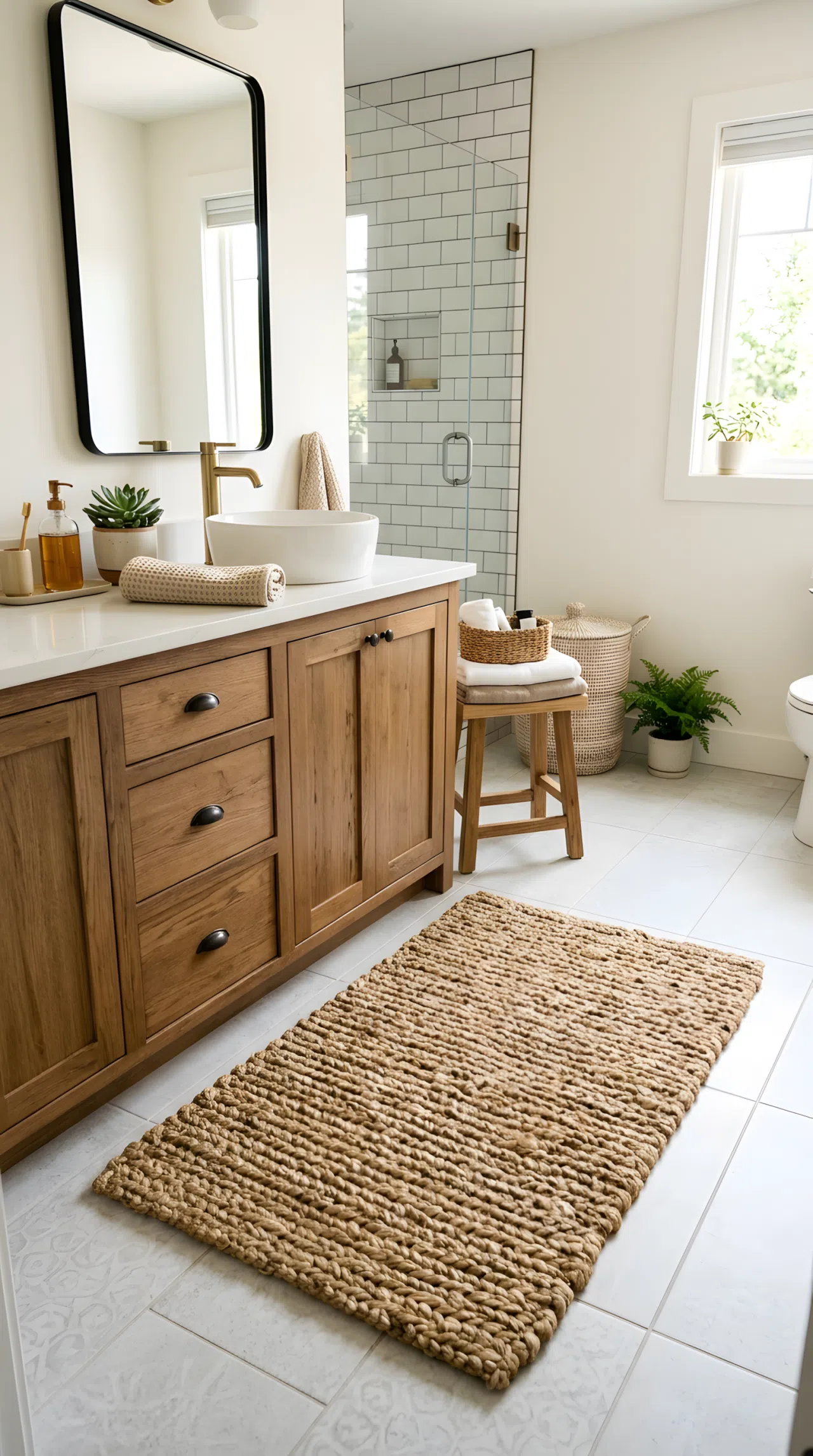 Real-life photo of a bathroom floor with a chunky natural jute rug in front of the vanity, neatly styled surroundings, bright natural light, clean and beautifully arranged, vibrant earthy tones, stock photography style.