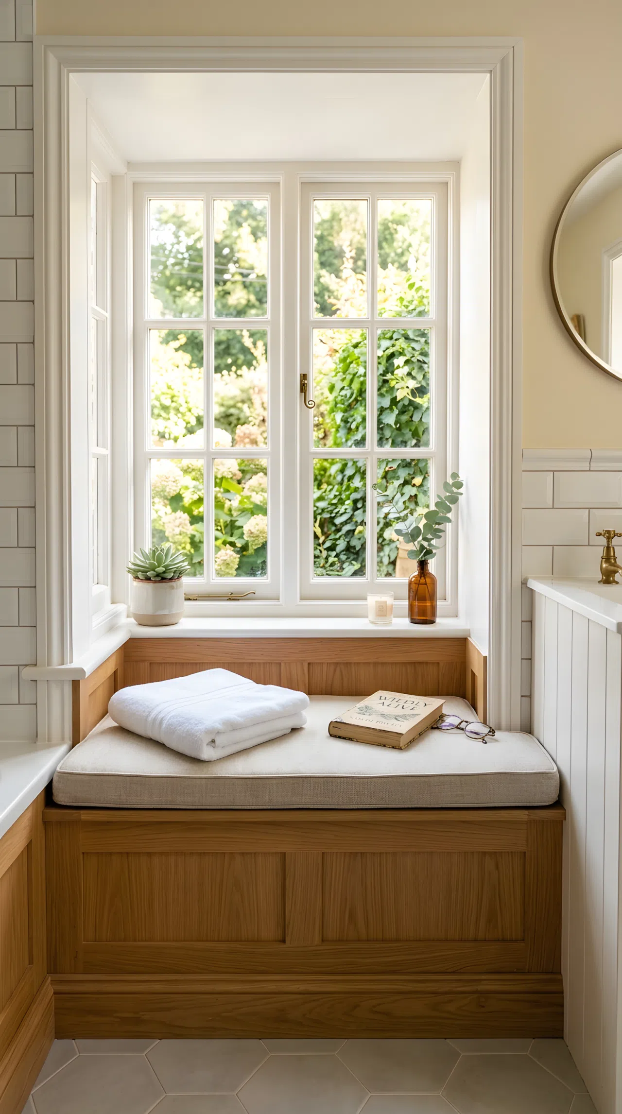 Real-life photo of a bathroom window nook with a built-in bench seat, thin cushion, folded towel and book neatly placed on top, bright natural light, clean and beautifully arranged, vibrant cozy tones, stock photography style.