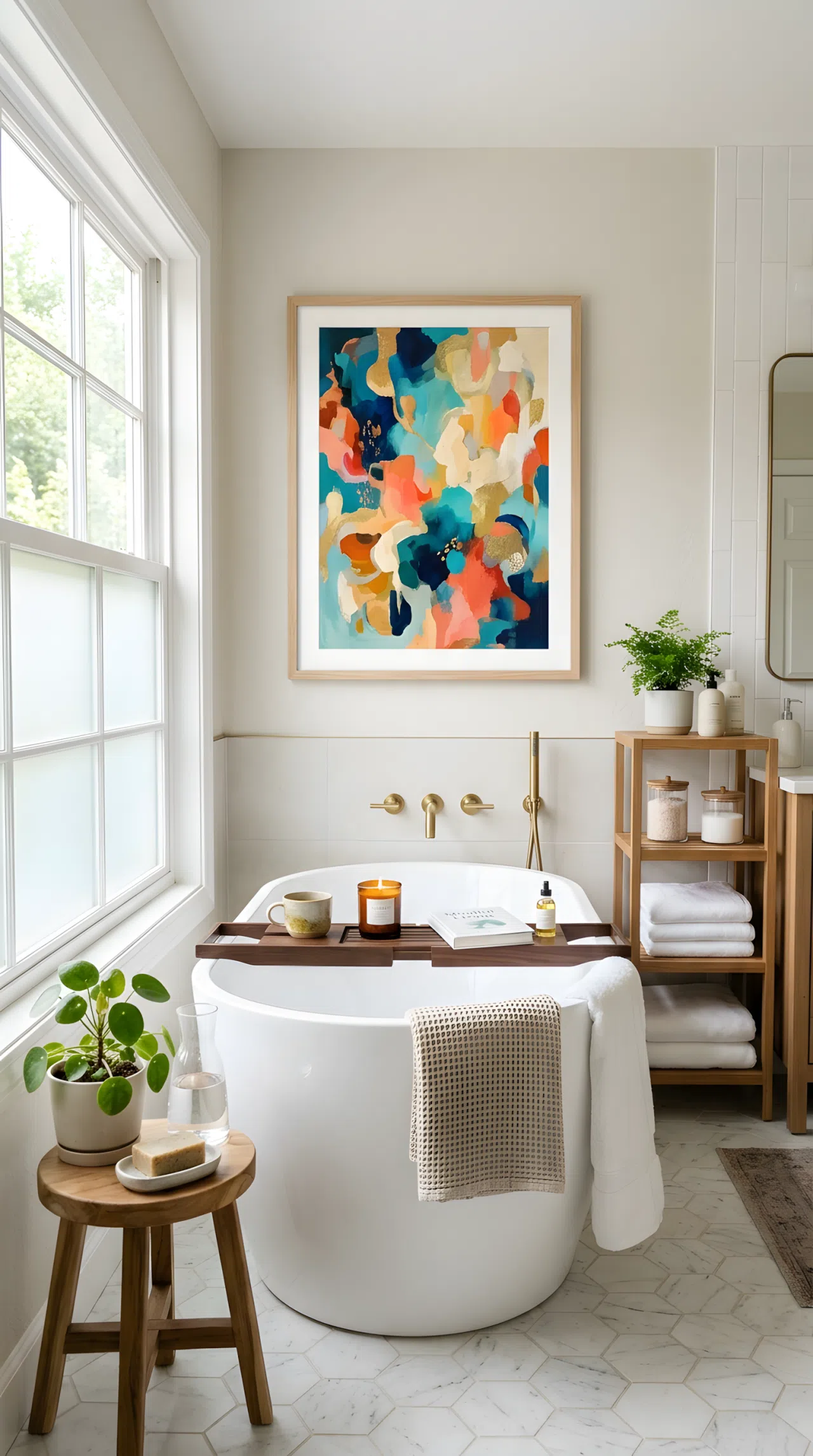 Real-life photo of a bathroom with a framed abstract art piece hanging above the bathtub, neatly styled surrounding decor, bright natural light, clean and beautifully arranged, vibrant artistic tones, stock photography style.