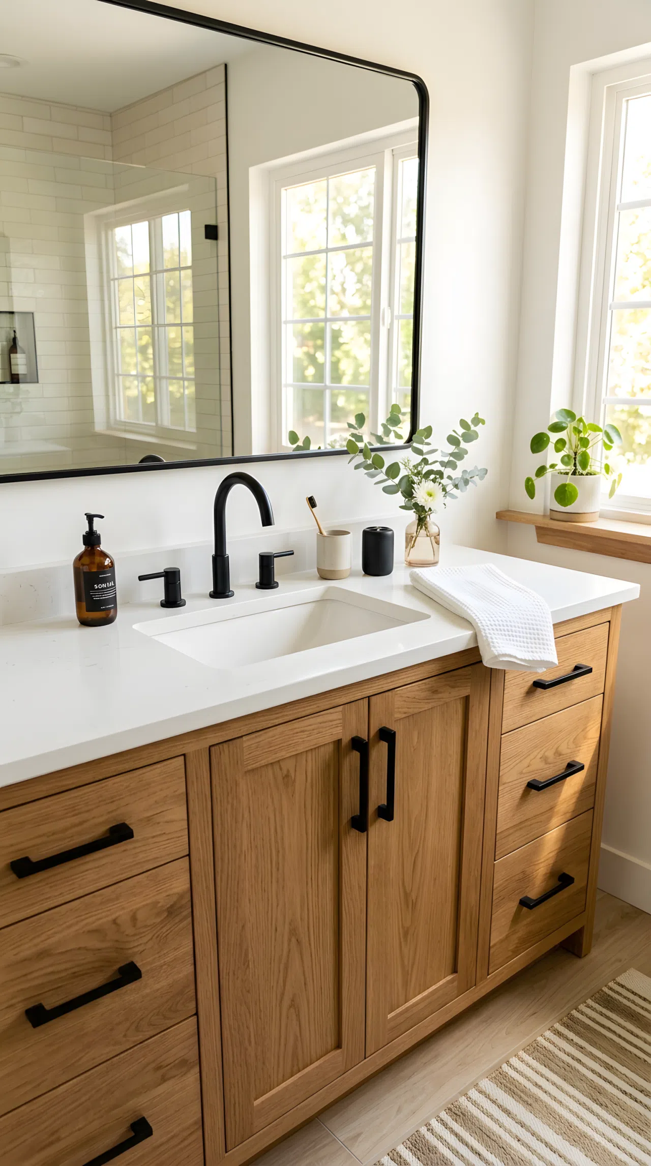 Real-life photo of a bathroom vanity with matte black faucet and hardware paired with warm wood cabinetry, neatly arranged countertop, bright natural light, clean and beautifully styled, vibrant warm contrast tones, stock photography style.