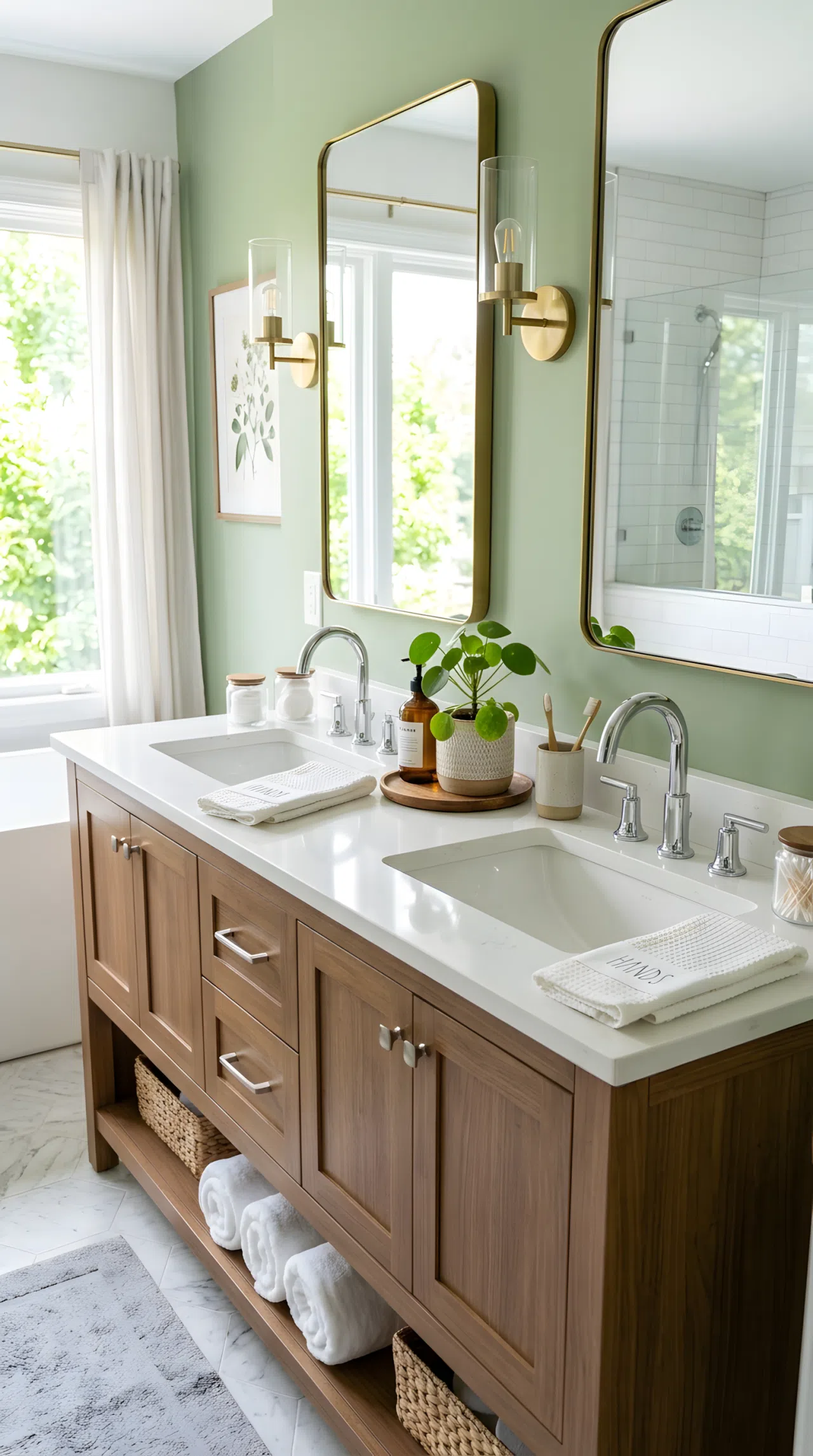 Real-life photo of a bathroom double vanity with two separate sinks, neatly organized countertop with a small shared plant, bright natural light, clean and beautifully arranged, vibrant fresh tones, stock photography style.