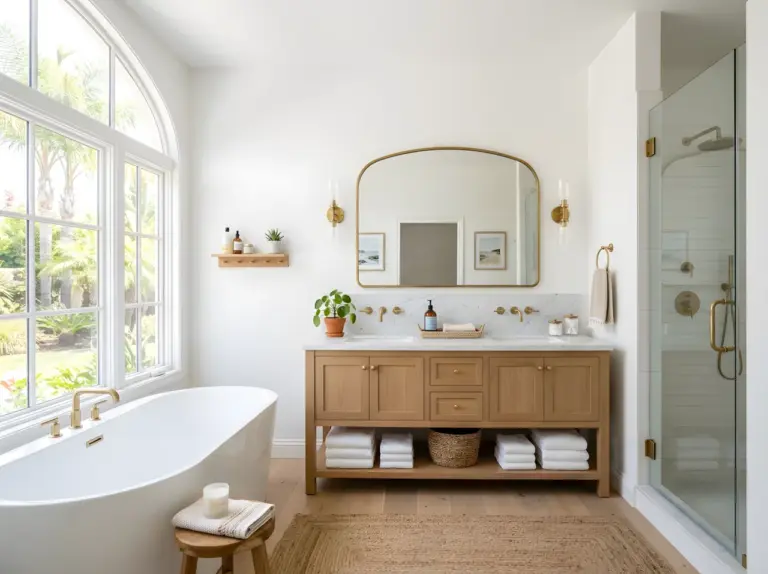 Real-life photo of a bright aesthetic bathroom, coastal modern style with warm wood vanity, arched mirror, neatly folded white towels, small plant accent, marble countertop, everything neatly arranged and organized, beautifully styled, bright natural light streaming through a window, clean and vibrant fresh tones, stock photography style, no people, wide angle showing the full room.