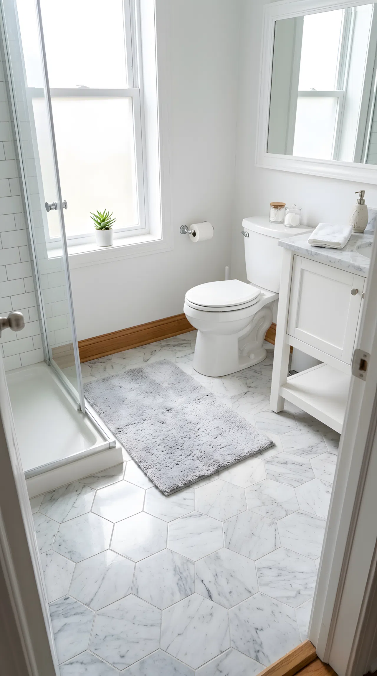 Real-life photo of a small apartment bathroom floor with marble-look peel-and-stick tile, neatly made bath mat, organized clean space, bright natural light streaming through a window, vibrant white and grey tones, stock photography style, no illustration.
