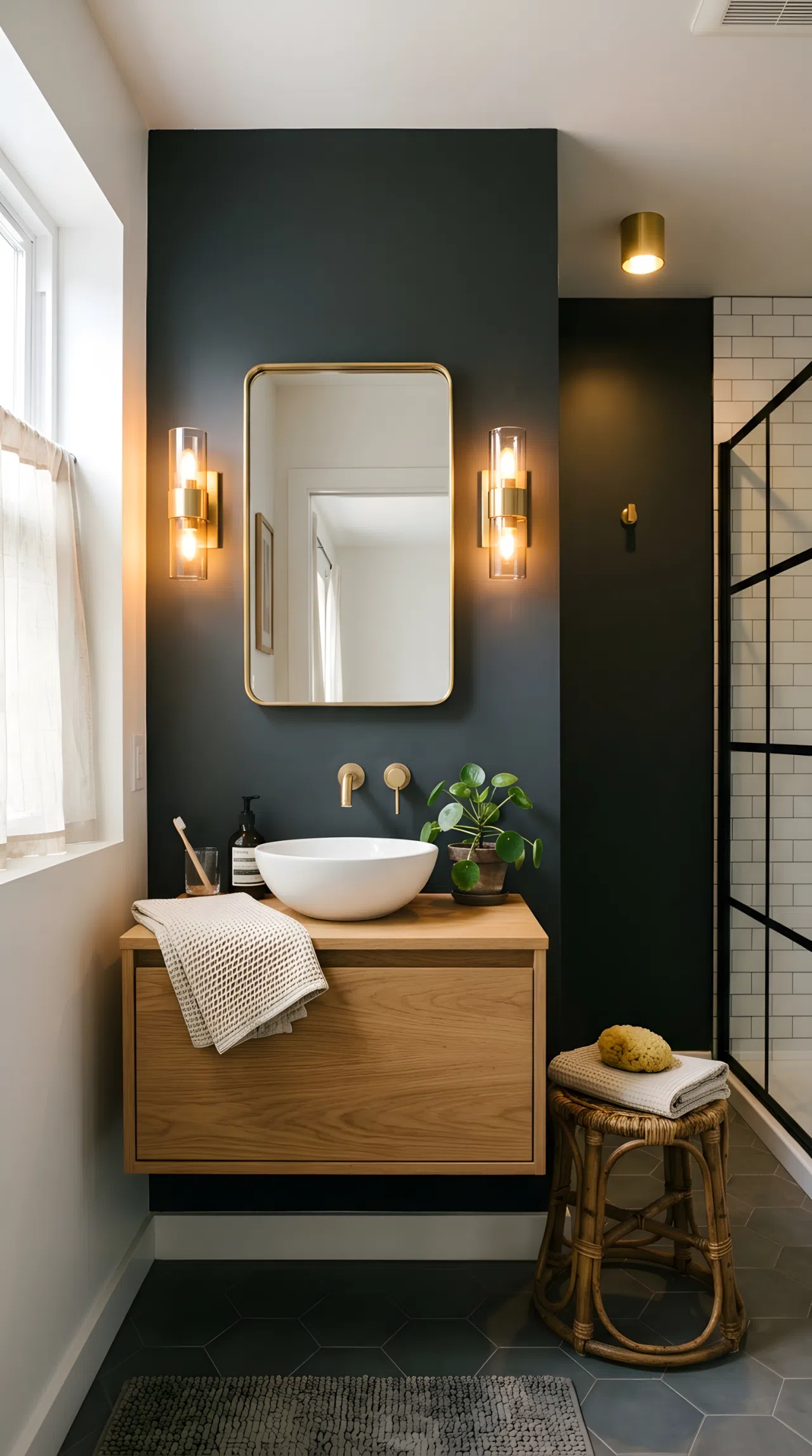 Real-life photo of a small apartment bathroom with a dark charcoal accent wall, two wall sconces positioned symmetrically beside a mirror casting warm directional light onto the vanity, a small downlight glowing near the shower entrance, rattan stool, neatly made linen towel, organized clean styling, vibrant warm light contrast, bright natural light softly entering from a side window, stock photography style.