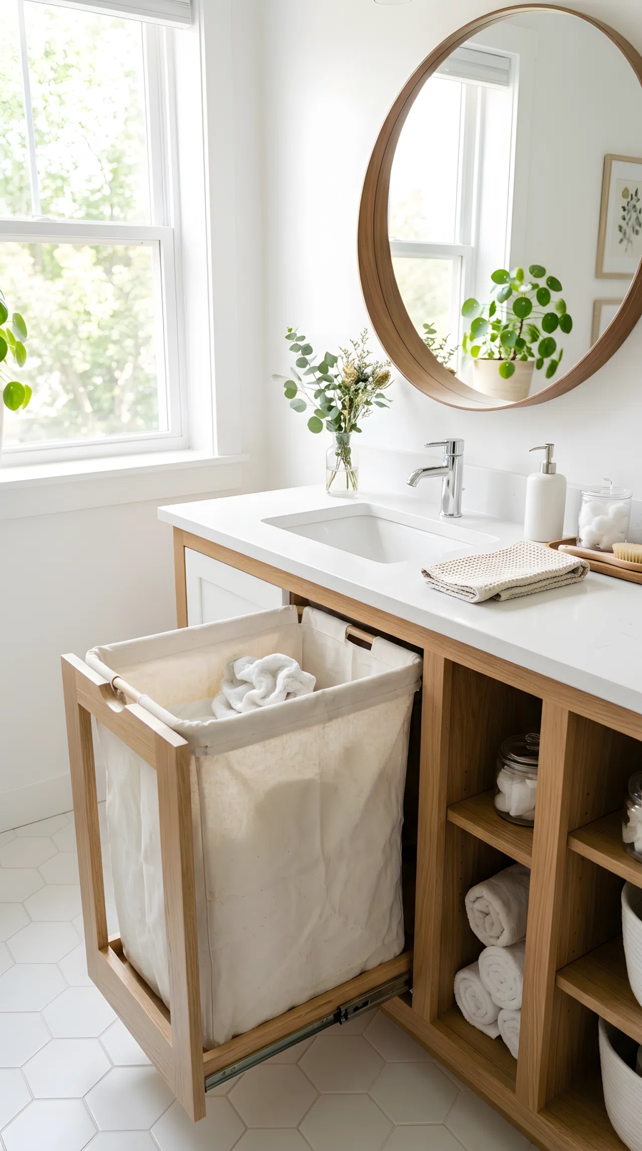 Real-life photo of an apartment bathroom vanity with a hidden pull-out laundry hamper drawer open, neatly folded towels inside, clean organized cabinet interior, beautifully arranged bathroom counter, bright natural light from a window, vibrant fresh white and wood tones, stock photography style.