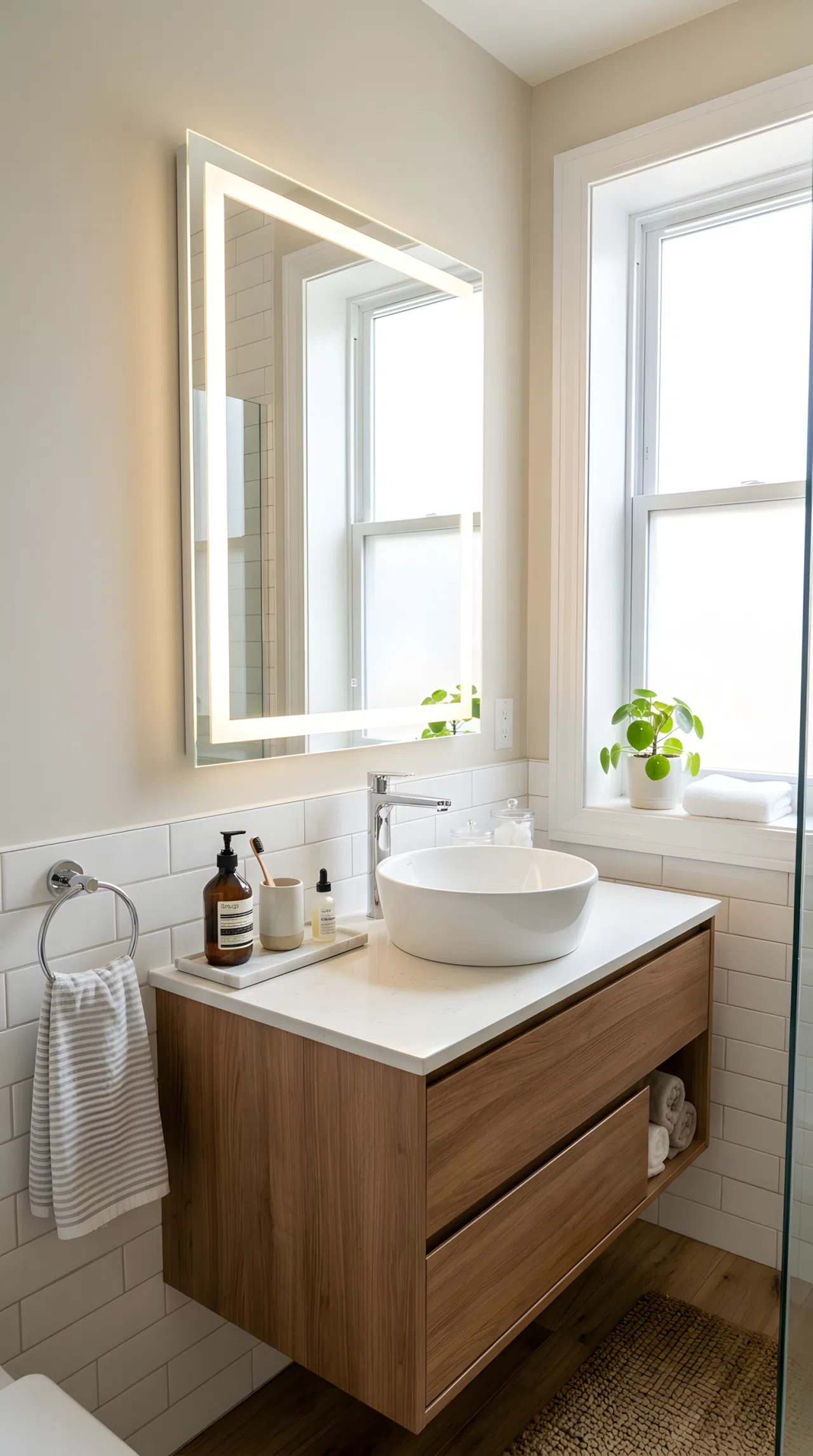 Real-life photo of an apartment bathroom with a backlit LED mirror glowing evenly around its frame above a clean vanity, soft even light illuminating the face area at eye level with no harsh shadows, neatly arranged toiletries, organized clean counter, bright natural light from a nearby window, vibrant fresh tones, stock photography style.