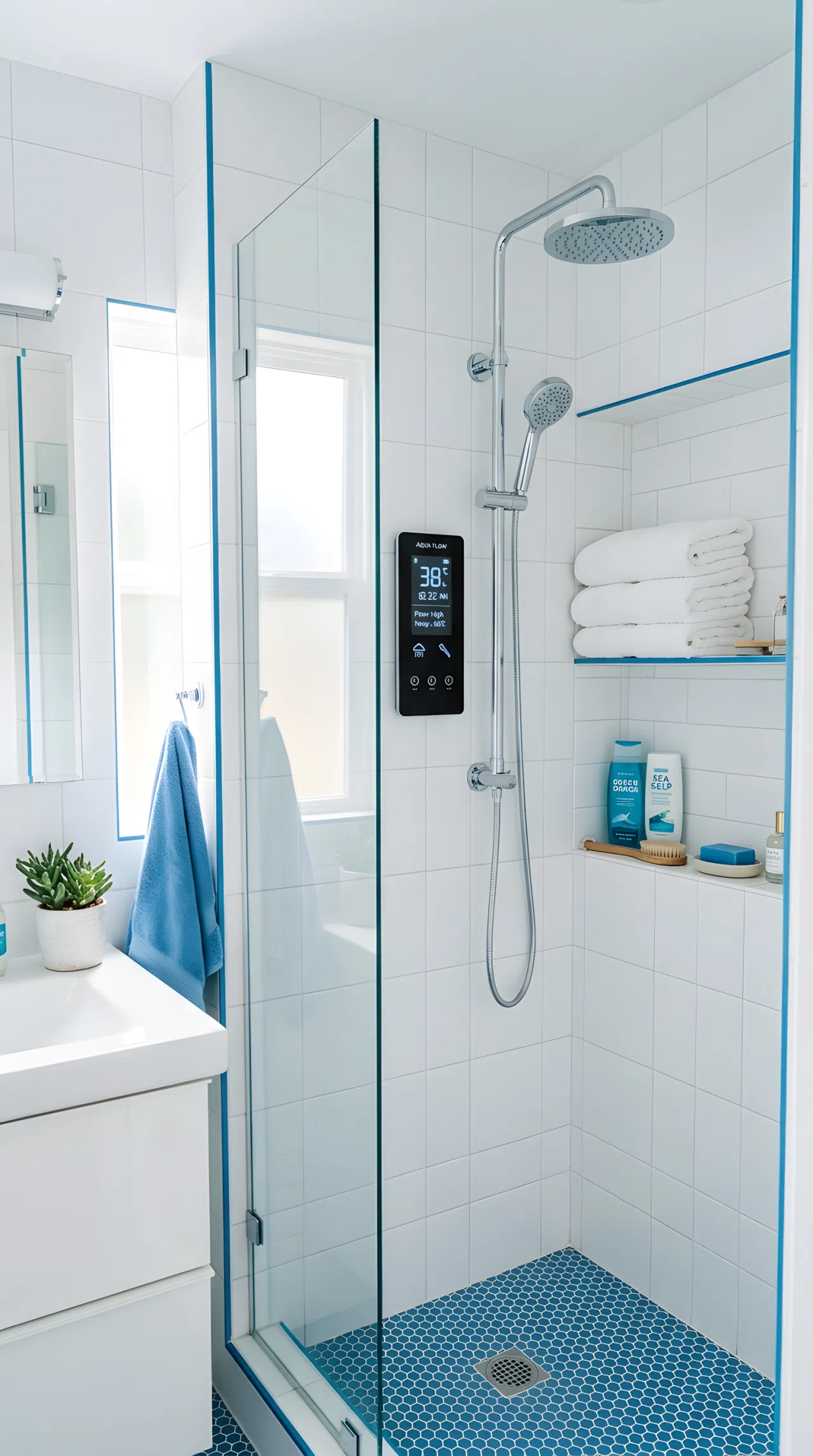 Real-life photo of an apartment bathroom shower with a modern digital smart valve display mounted on clean tile, neatly organized shower shelf with folded towels, bright natural light entering the bathroom, vibrant fresh blue and white tones, stock photography style.
