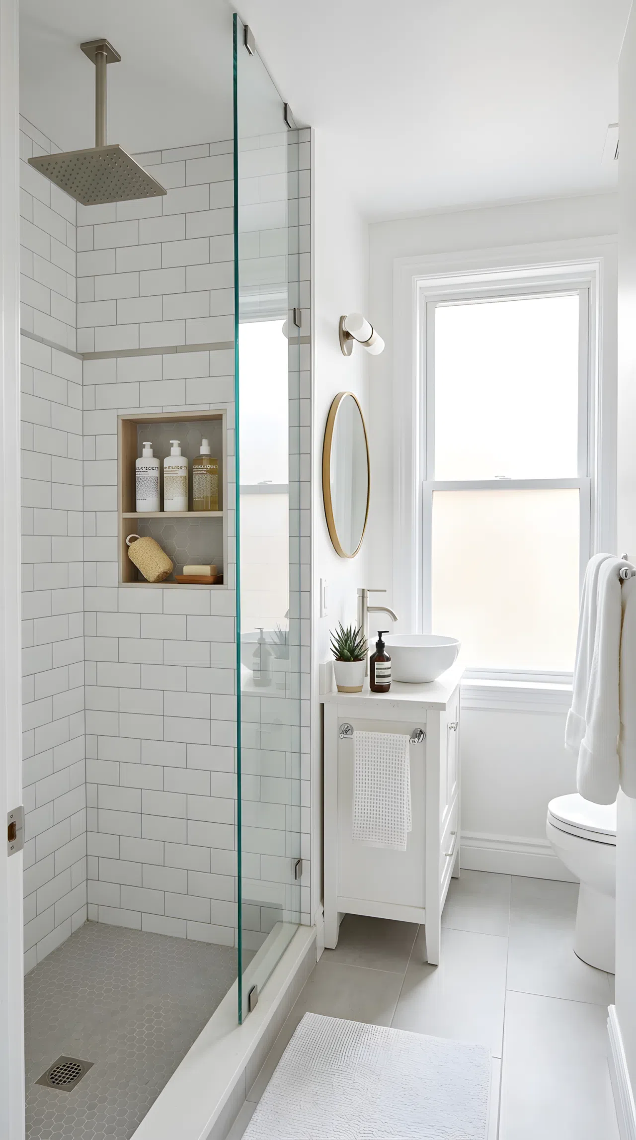 Real-life photo of a small apartment bathroom with a frameless glass walk-in shower, built-in storage niche, single rain showerhead, neatly arranged bath products, clean organized space, bright natural light, vibrant fresh white and grey tones, stock photography style.
