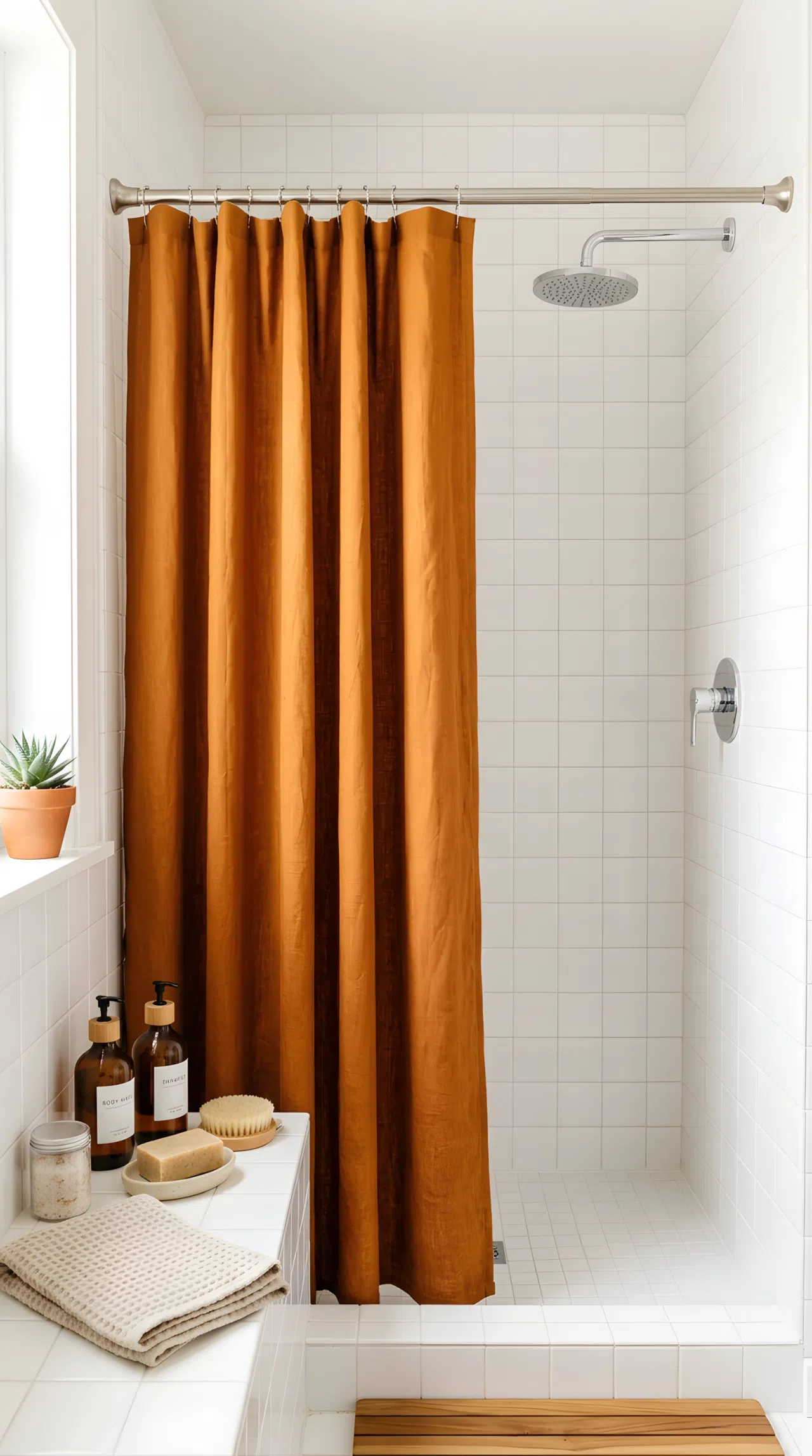 Real-life photo of an apartment bathroom shower with a deep amber linen curtain hanging neatly on a tension rod, clean organized tile background, beautifully arranged bath accessories, bright natural light, vibrant warm tones, stock photography style.
