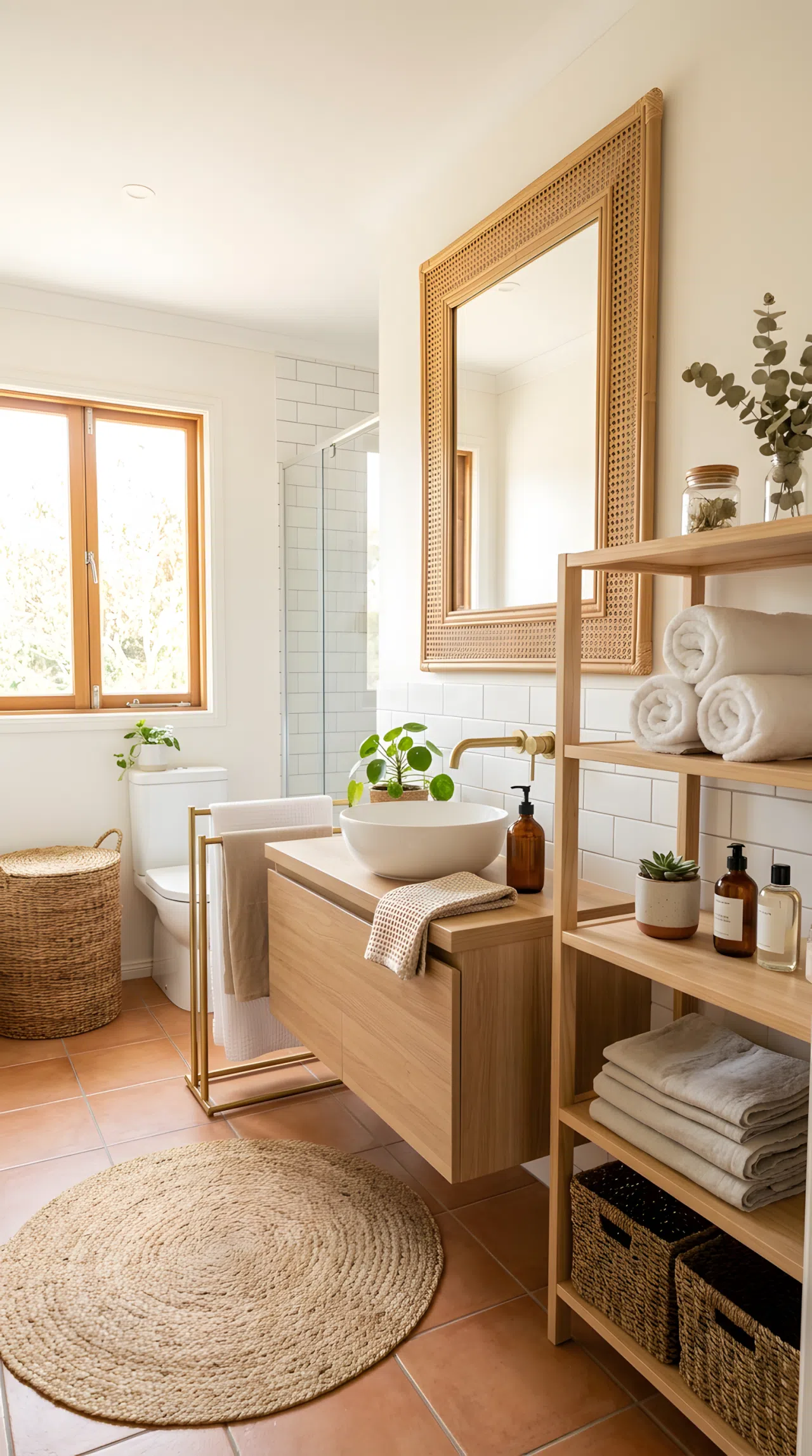 Real-life photo of an apartment bathroom with woven baskets, a jute bath mat, and a rattan-framed mirror, neatly arranged rolled towels, clean organized shelf styling, bright natural light through a window, vibrant warm natural tones, stock photography style.
