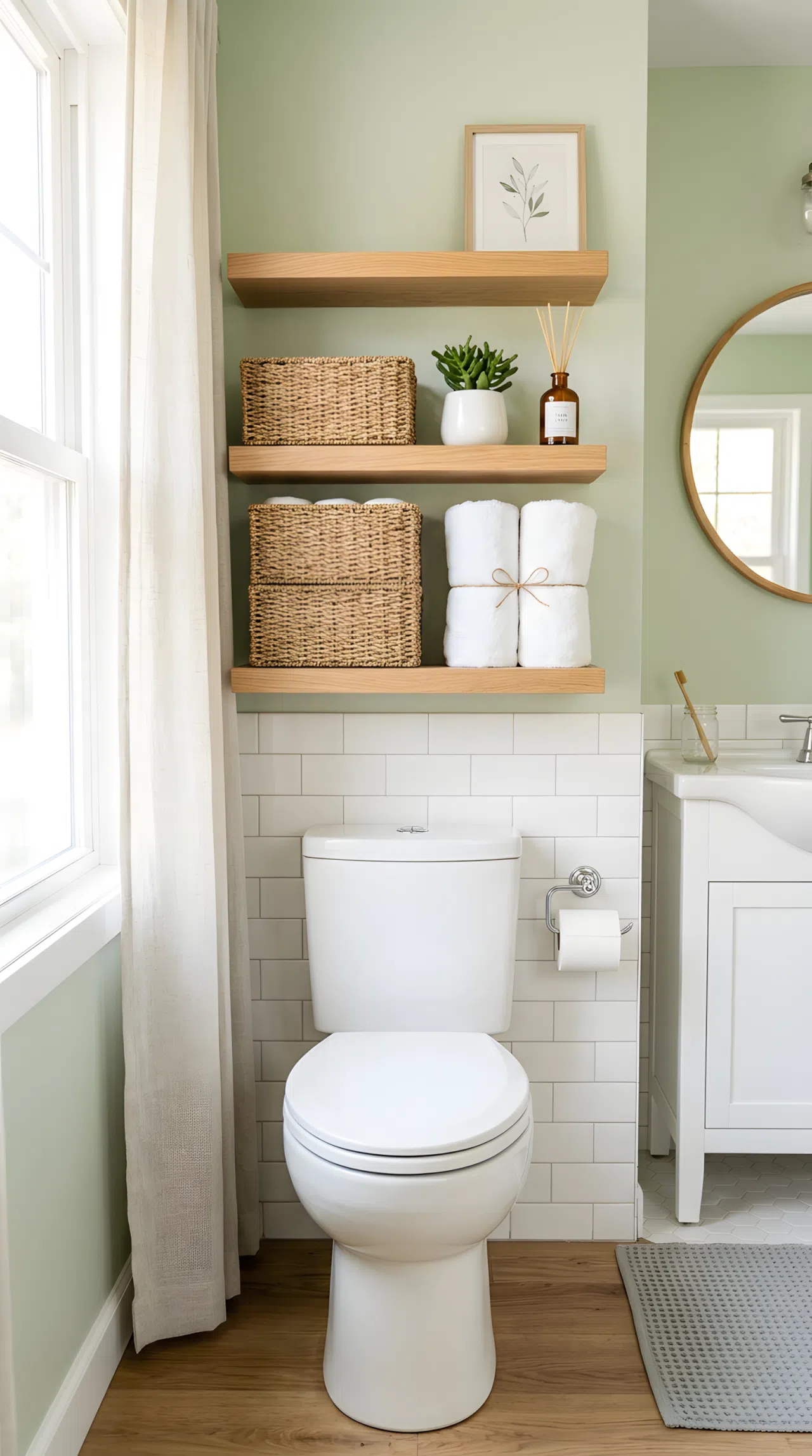Real-life photo of an apartment bathroom with floating vertical shelves installed above the toilet, neatly stacked matching baskets and rolled towels, clean organized styling, bright natural light, vibrant fresh tones, stock photography style.