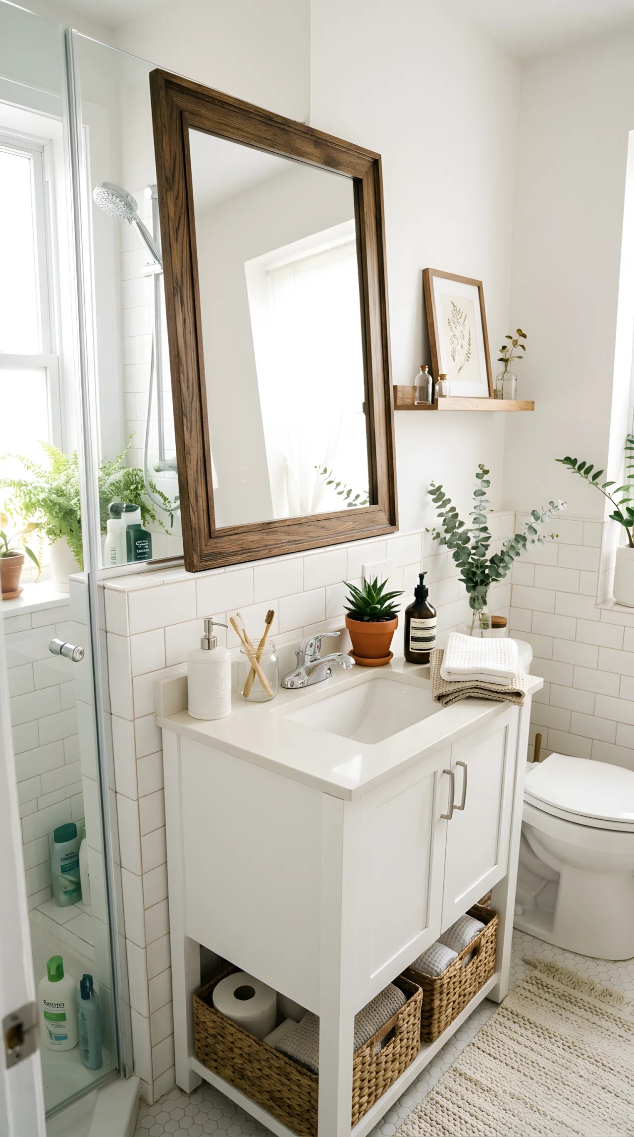Real-life photo of a small apartment bathroom with an oversized framed mirror leaning against the wall behind the sink, neatly arranged countertop items, clean organized styling, bright natural light reflecting off the mirror, vibrant fresh tones, stock photography style.
