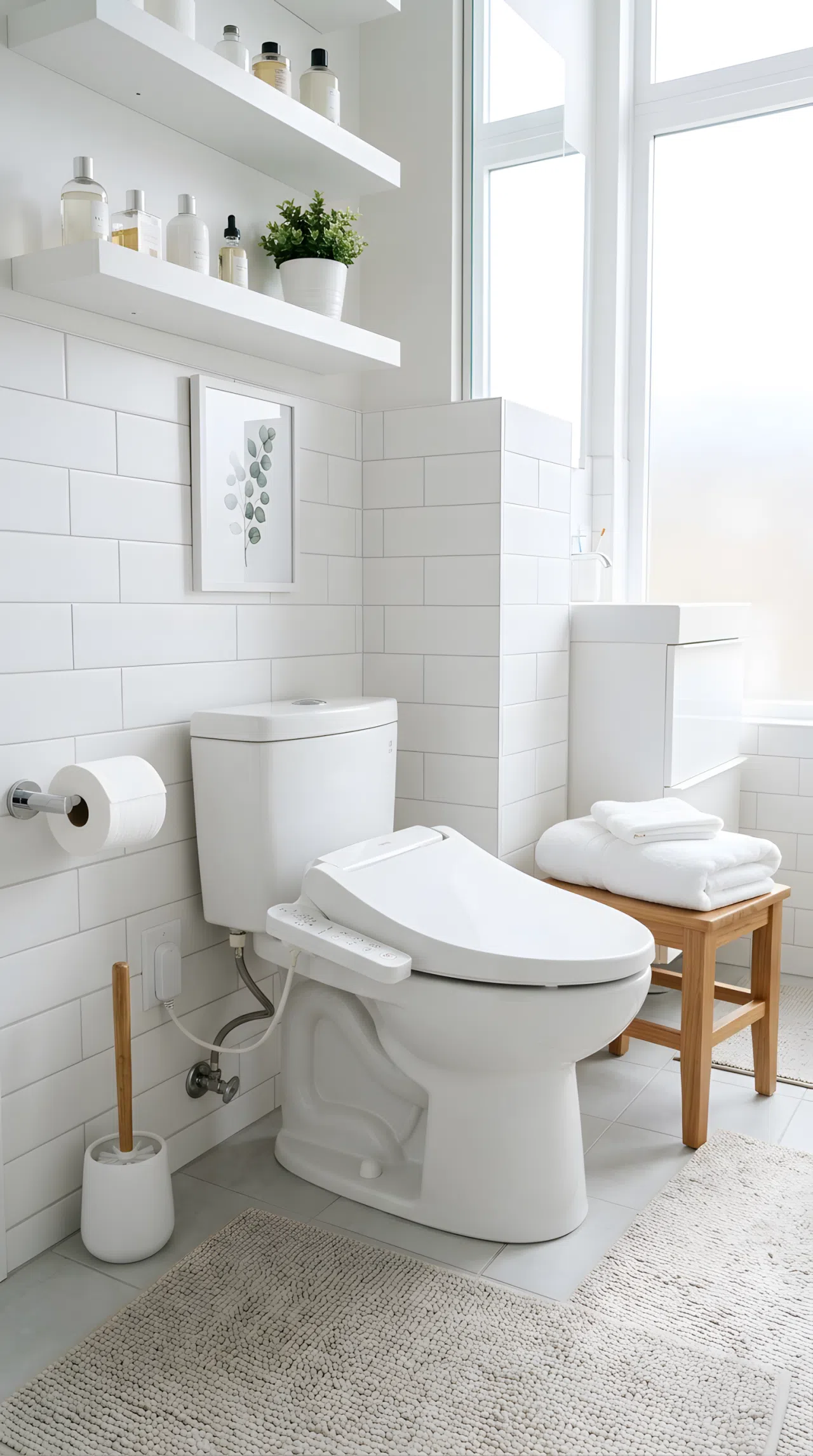 Real-life photo of an apartment bathroom toilet with a modern heated bidet seat attachment, clean organized bathroom corner, neatly folded towel nearby, bright natural light, vibrant fresh white tones, stock photography style.