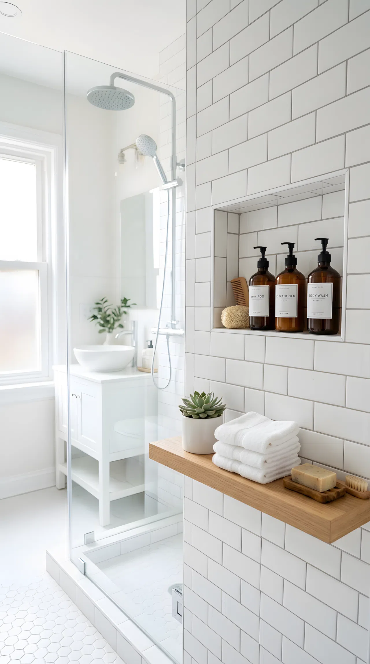 Real-life photo of an apartment bathroom shower with a recessed wall niche holding neatly arranged matching bottles, clean organized tile surround, beautifully styled shelf, bright natural light, vibrant fresh tones, stock photography style.