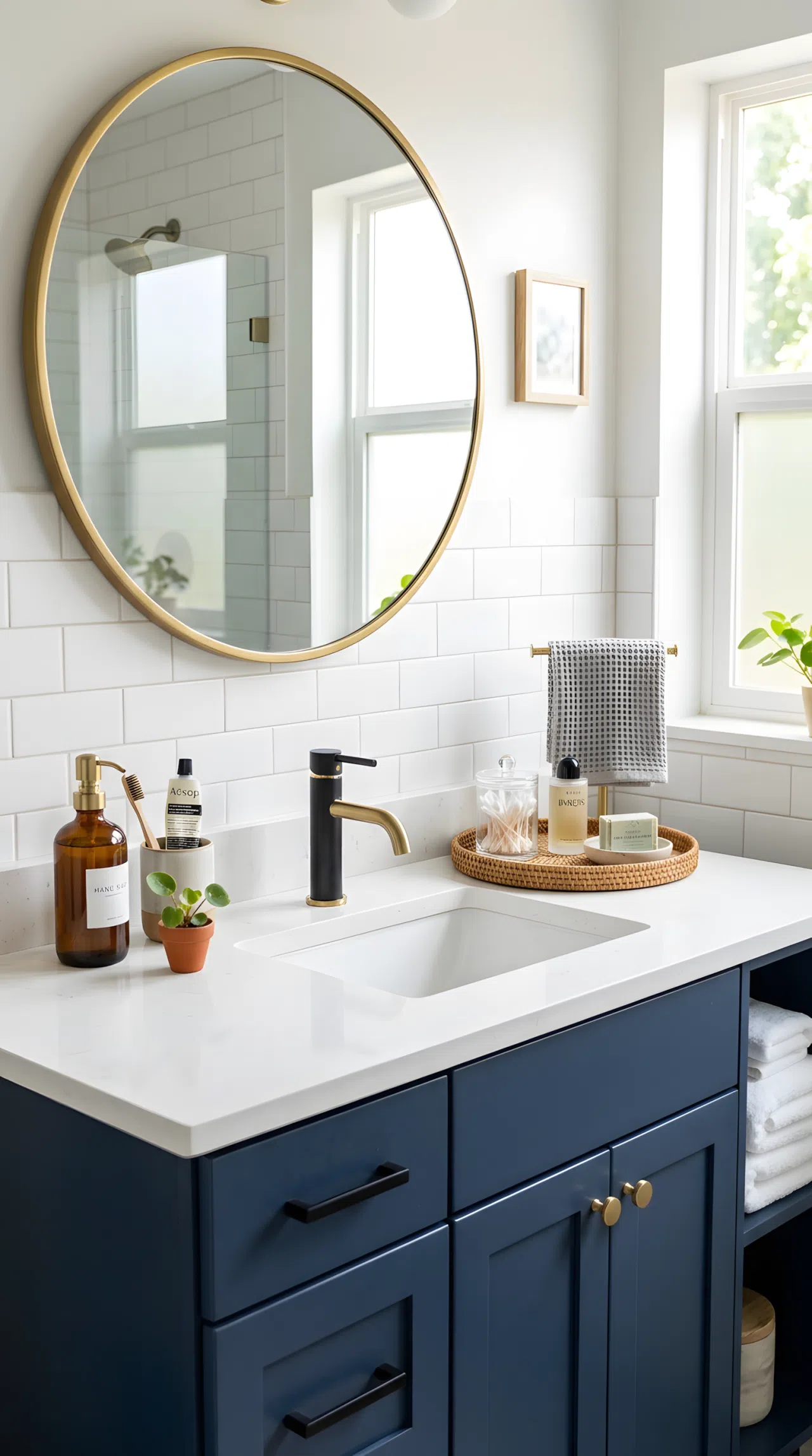 Real-life photo of an apartment bathroom vanity with mixed brass and matte black hardware, neatly arranged countertop accessories, clean organized styling, bright natural light, vibrant fresh tones, stock photography style.