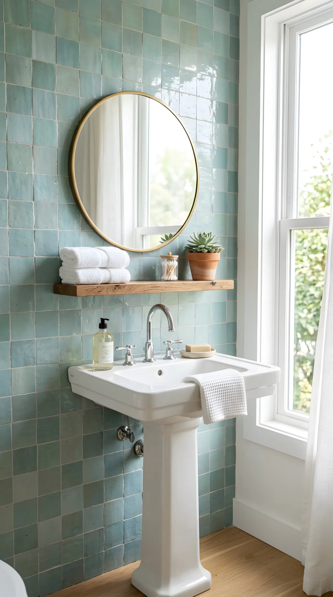 Real-life photograph of a bathroom vanity wall covered in handmade zellige tiles in soft blue-green tones, subtle texture and color variation visible, white pedestal sink below, bright natural light streaming from a side window, neatly made, beautifully arranged, organized, clean, stock photo style, no illustration.