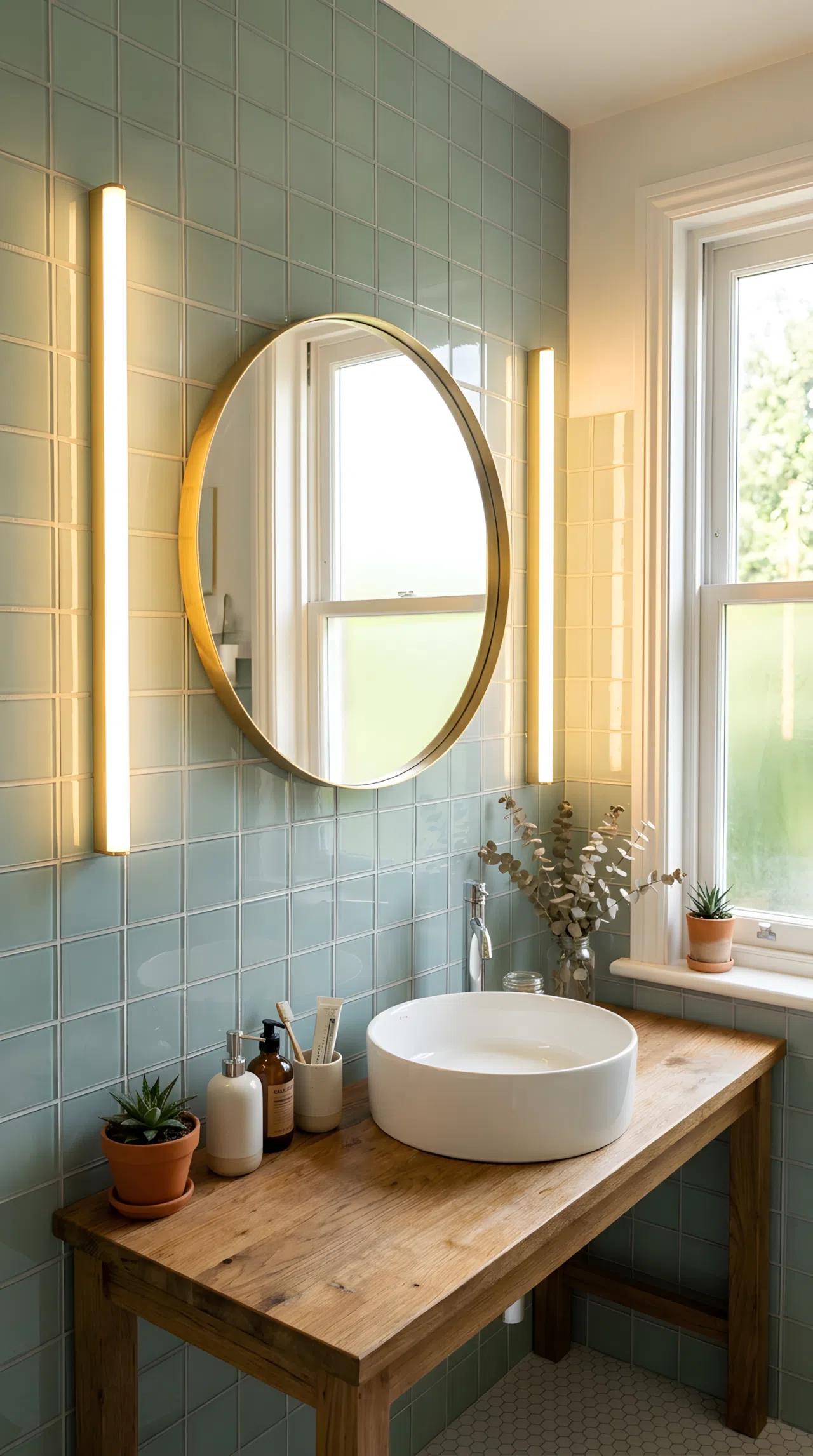 Real-life photograph of a small bathroom with glossy glass tile backsplash, two vertical warm-white LED light strips mounted at eye level flanking a round mirror, light glowing down the wall creating soft even illumination on the glass tile surface rather than overhead light, clean organized vanity counter, bright natural light mixed with warm strip lighting, photographic stock photo style.