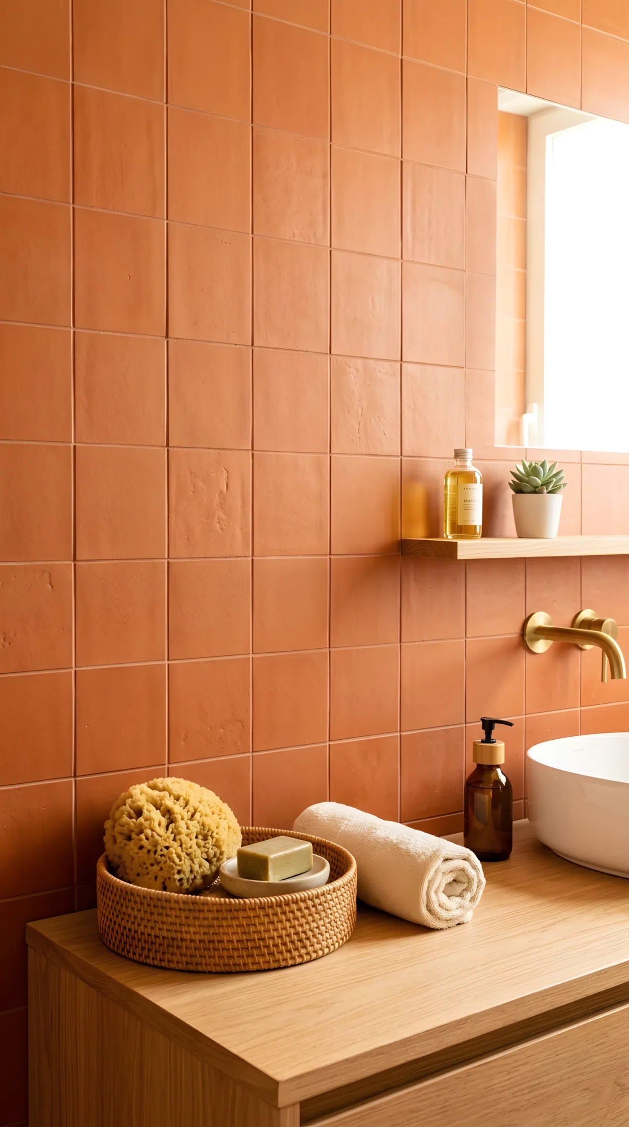 Real-life photograph of a bathroom wall covered in terracotta ceramic tile in warm burnt-orange tone (RGB 204,102,68), simple grid layout, woven rattan basket and natural sponge on the counter, bright natural light casting warm glow, neatly arranged, organized, clean, vibrant color, stock photo style.