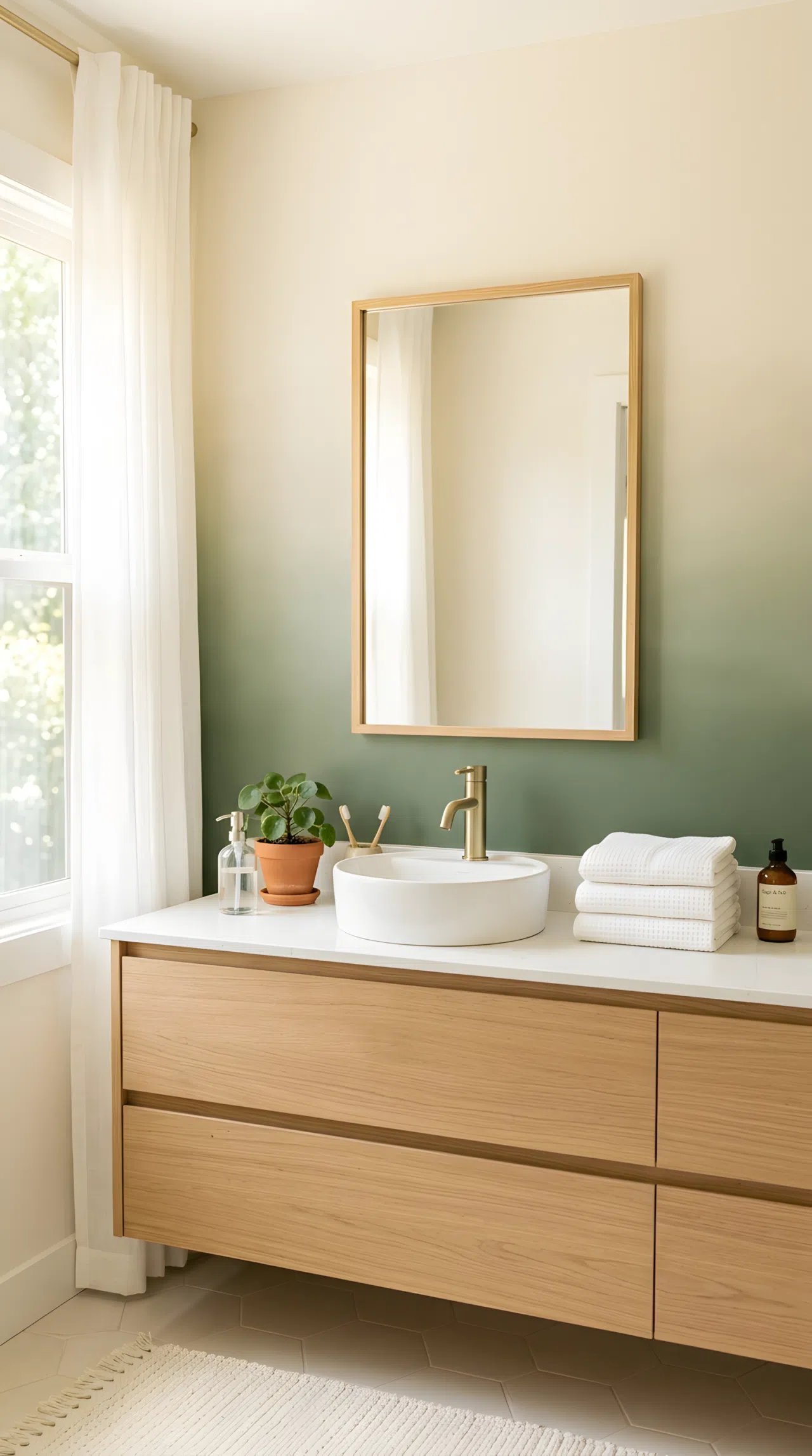 Real-life photograph of a bathroom wall behind the sink painted in a soft vertical ombre gradient from deep sage green (RGB 74,103,65) near the floor fading to pale cream (RGB 245,240,225) near the mirror, satin finish, neatly organized vanity with clean countertop, bright natural light, Pinterest-ready aesthetic, stock photo style, no illustration.