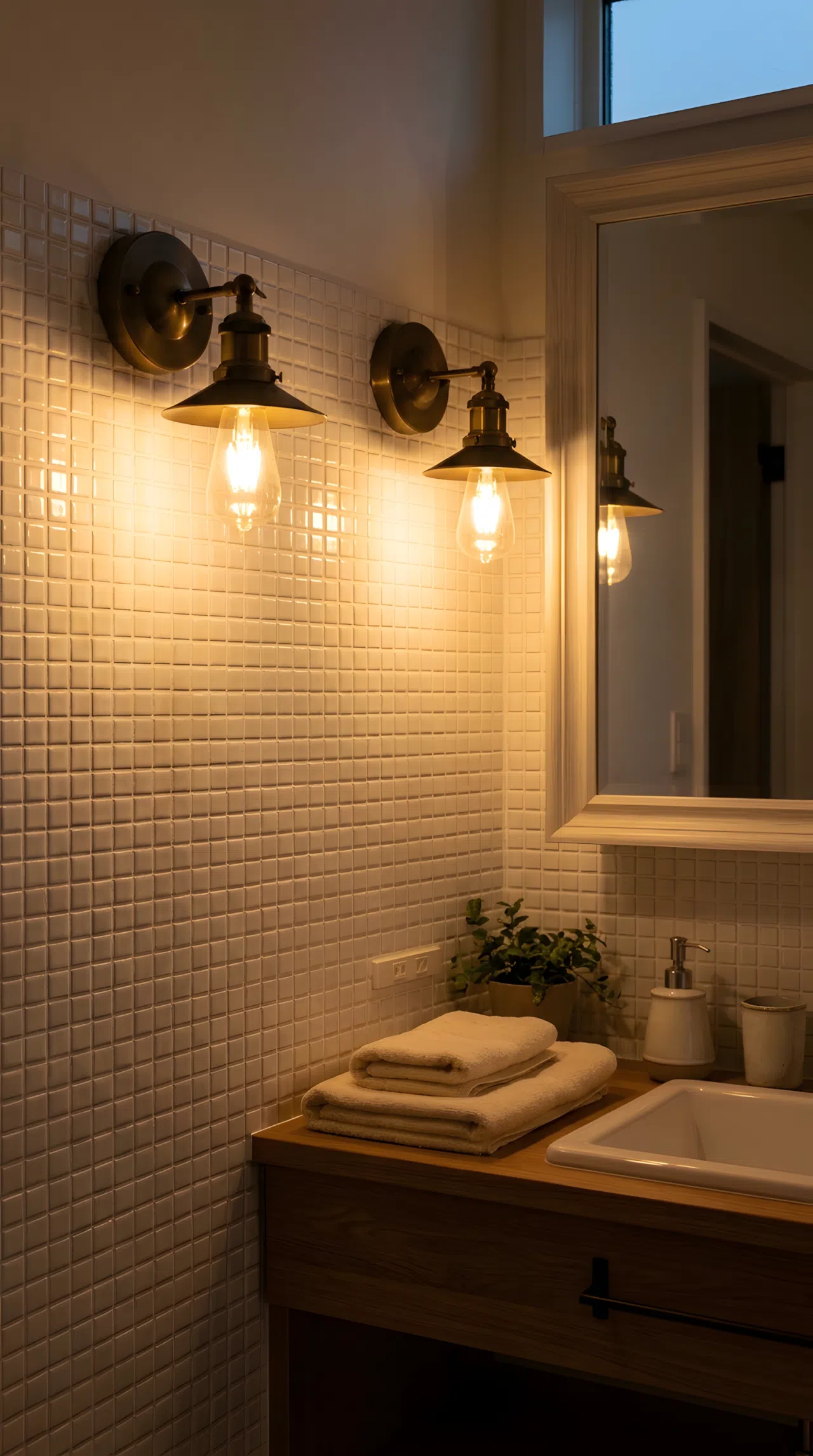 Real-life photograph of a bathroom with small glossy white mosaic tile backsplash, two warm-toned wall sconces mounted lower than usual and angled to wash light down across the tile surface rather than up toward the mirror, cozy warm glow highlighting the tile texture, clean organized vanity counter, photographic stock photo style.