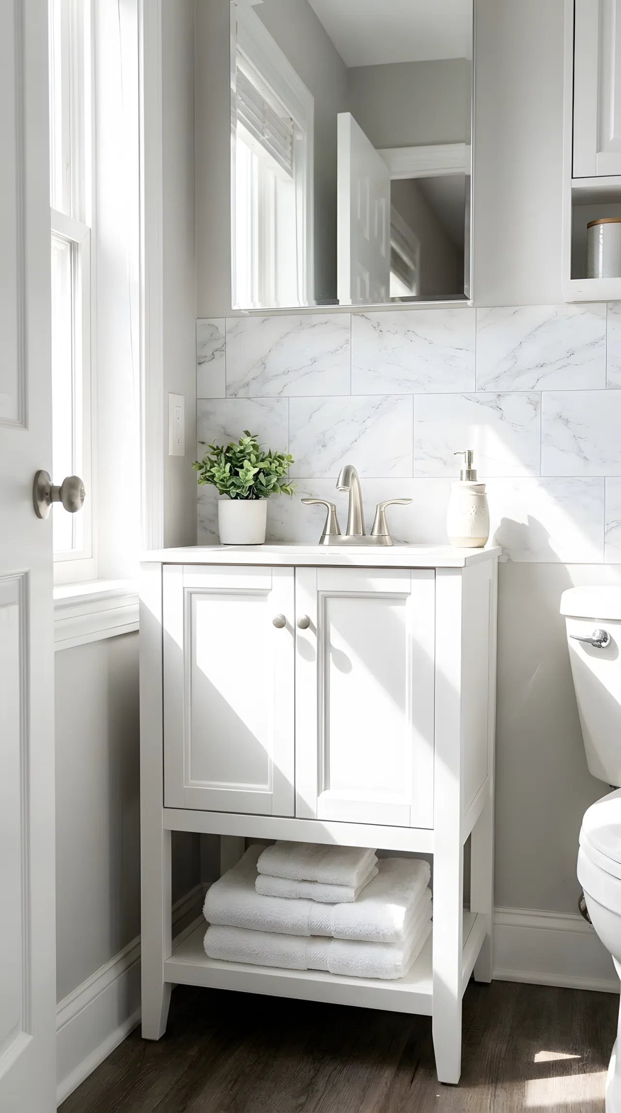 Real-life photograph of a rental bathroom with peel-and-stick marble-look tile backsplash featuring subtle gray veining and matte finish, neatly aligned seams, small vanity with folded towels, bright natural light, neatly arranged, organized, clean, stock photo style, no render.