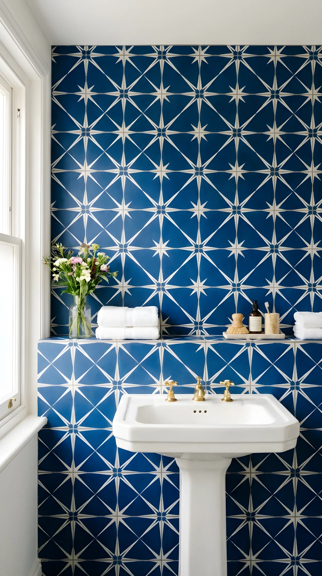 Real-life photograph of a bathroom sink wall covered in patterned cement tile in deep cobalt blue (RGB 25,55,109) with white geometric print, thin neutral grout lines, simple white pedestal sink, bright natural light, vibrant color, neatly organized, clean, stock photo style.