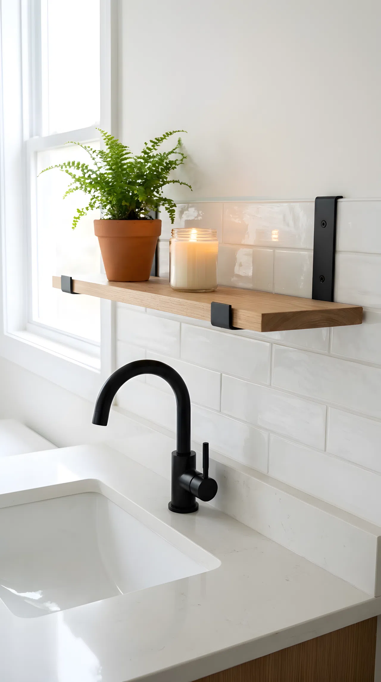 Real-life photograph of a bathroom backsplash with a thin floating wood shelf built into the top tile edge, small potted plant and lit candle neatly arranged on the shelf, matte black faucet matching the shelf bracket finish, bright natural light, clean organized counter, stock photo style, no illustration.