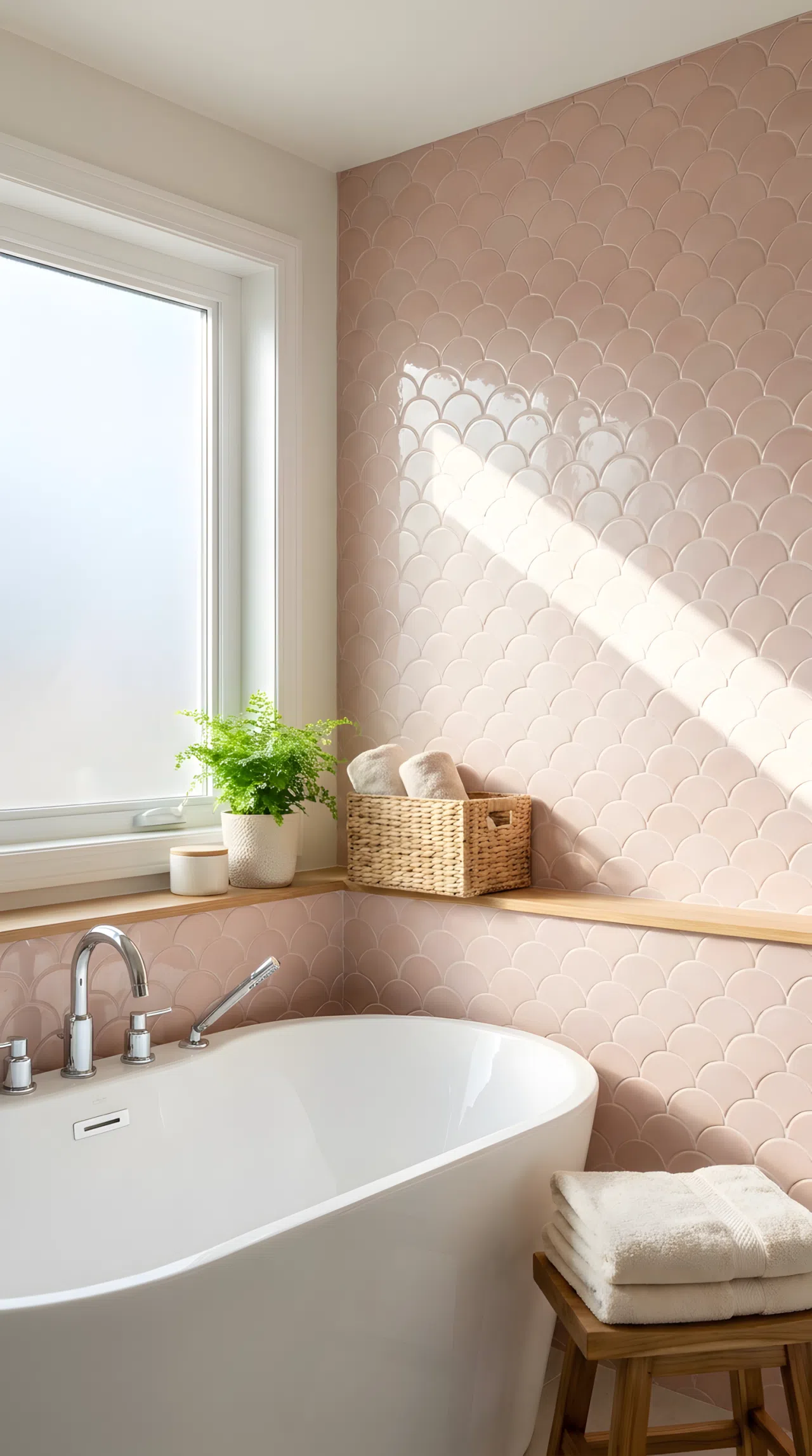 Real-life photograph of a bathroom wall covered in glossy fish-scale ceramic tile in soft blush tone, overlapping curved edges catching natural light, freestanding tub in view, bright natural light, neatly made, organized, clean, stock photo style, no illustration.