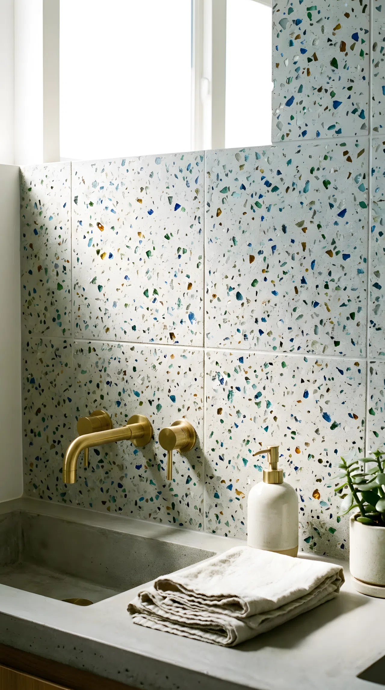 Real-life photograph of a bathroom wall covered in recycled glass terrazzo tile with subtle colorful flecks in a light gray base, brushed brass faucet nearby, bright natural light highlighting the texture, neatly organized counter, clean stock photo style, no illustration.