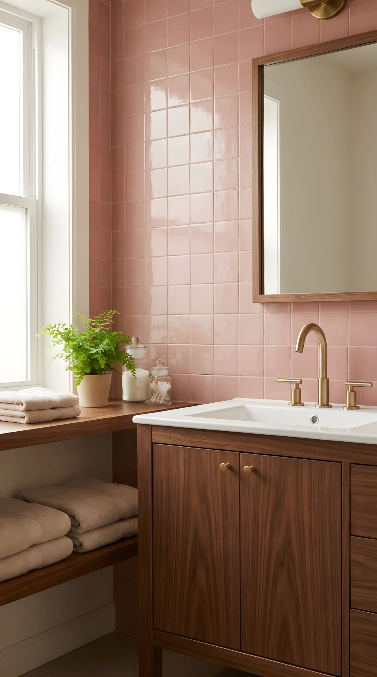 Real-life photograph of a bathroom wall covered in glossy glazed tile in dusty muted pink (RGB 224,178,178), brass faucet and warm wood vanity, bright natural light, vibrant yet soft color, neatly arranged, organized, clean, stock photo style, no illustration.