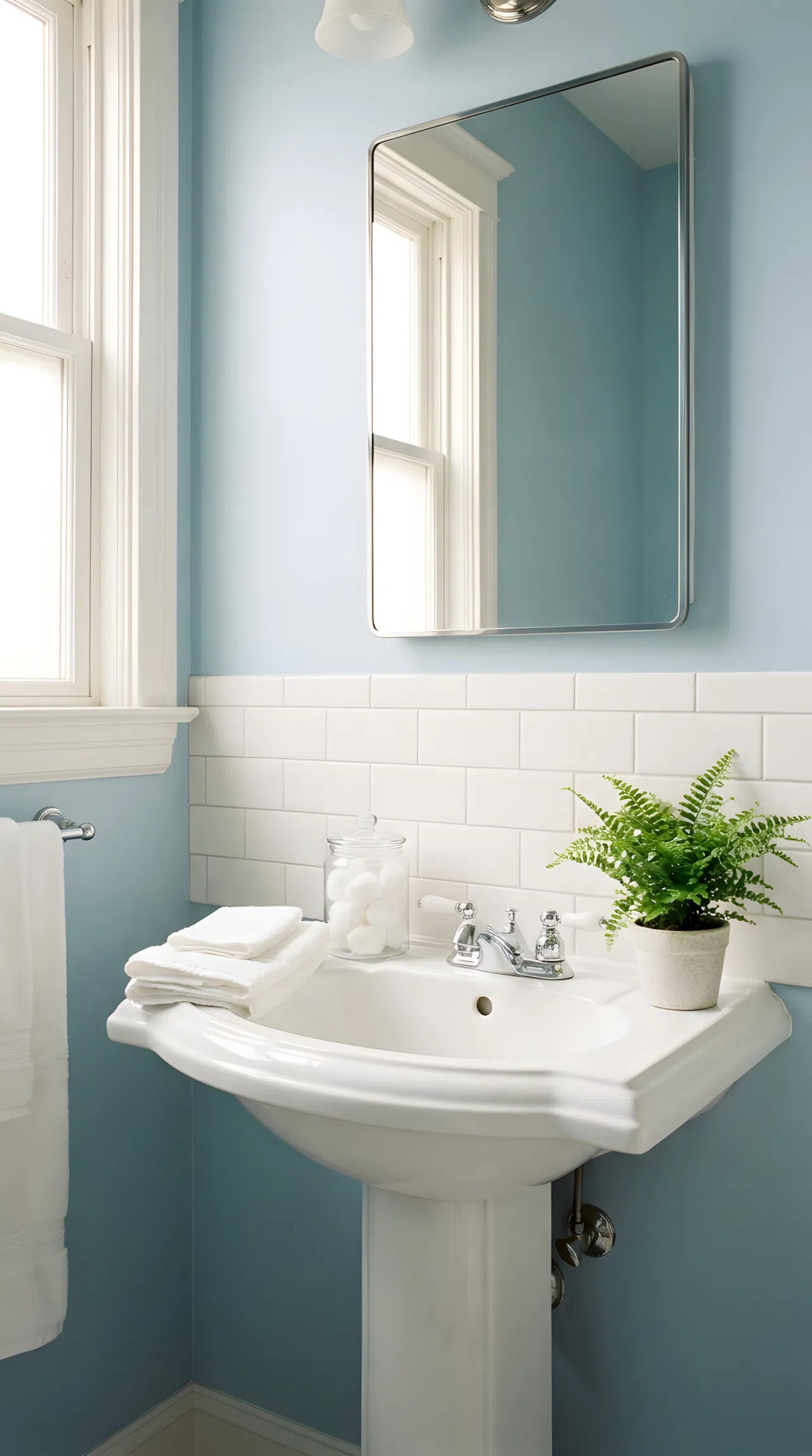 Real-life photograph of a bathroom with a pedestal sink and a narrow horizontal strip of white subway tile running only mirror-height on the wall behind it, rest of wall painted, bright natural light, neatly organized, clean, stock photo style, no illustration.