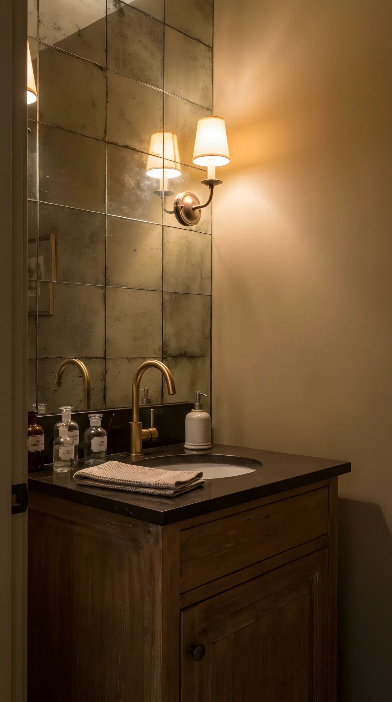 Real-life photograph of a small windowless bathroom with an antique smoky mirror tile backsplash behind the sink, brass faucet reflected softly in the glass, warm ambient lighting, neatly organized counter, clean stock photo style, no illustration.