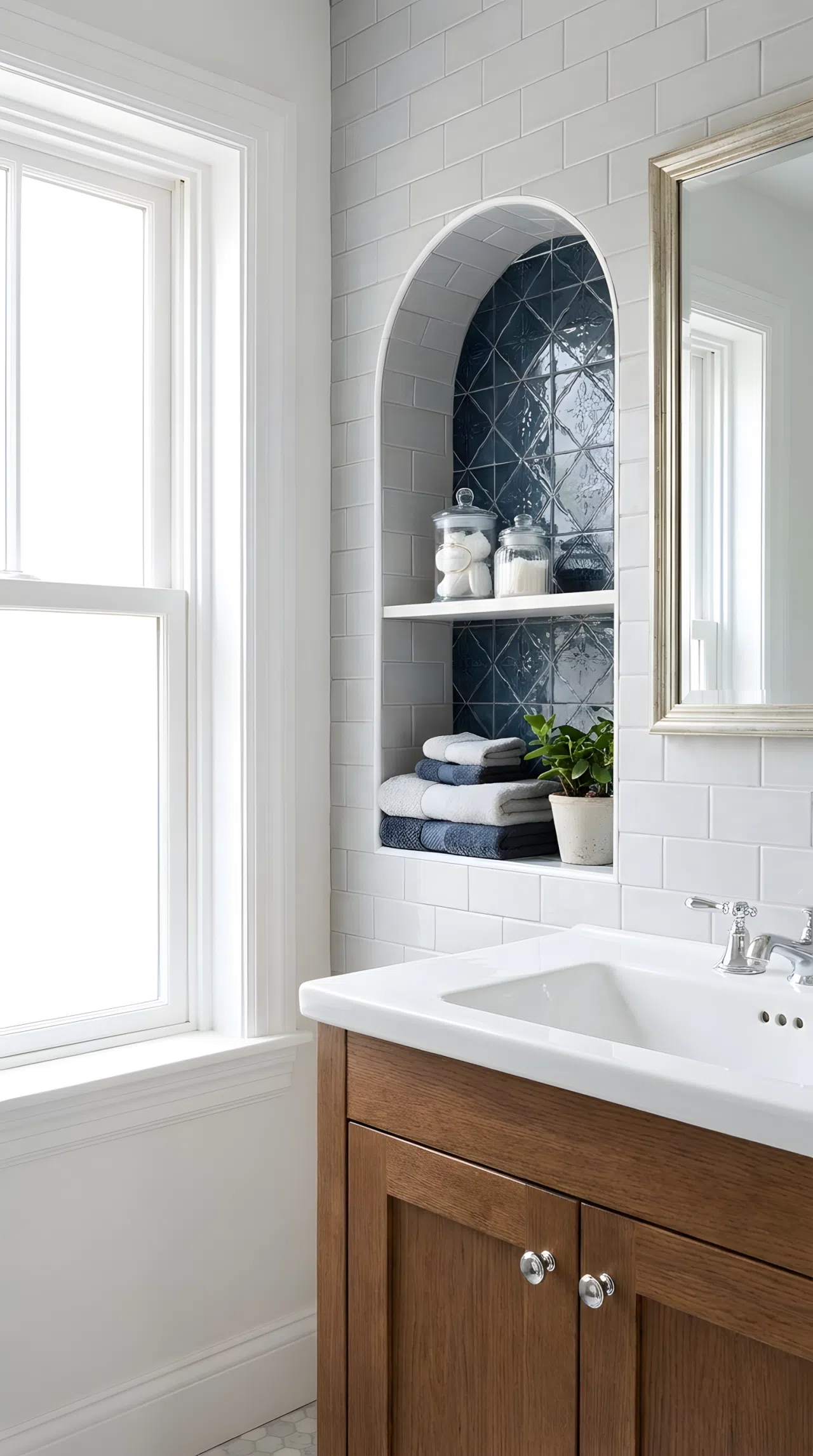 Real-life photograph of a bathroom with a shallow arched tile niche built into the wall behind the sink, contrasting tile color lining the inside of the arch, bright natural light, neatly arranged, organized, clean, stock photo style, no illustration.