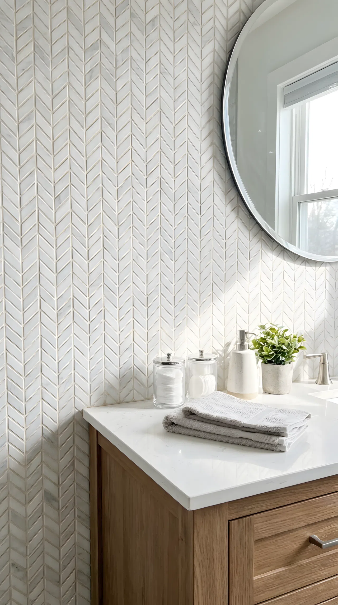 Real-life photograph of a bathroom vanity wall with small white and gray marble tile laid in a chevron zigzag pattern, matched grout tone, bright natural light emphasizing the pattern lines, neatly organized counter, clean stock photo style, no illustration.