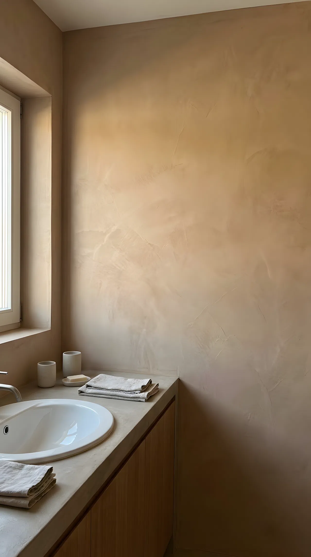 Real-life photograph of a bathroom wall behind the sink finished in warm hand-troweled limewash plaster in soft terracotta beige, no visible grout lines, sealed matte texture catching soft shadows, bright natural light, neatly organized counter, clean stock photo style, no illustration.