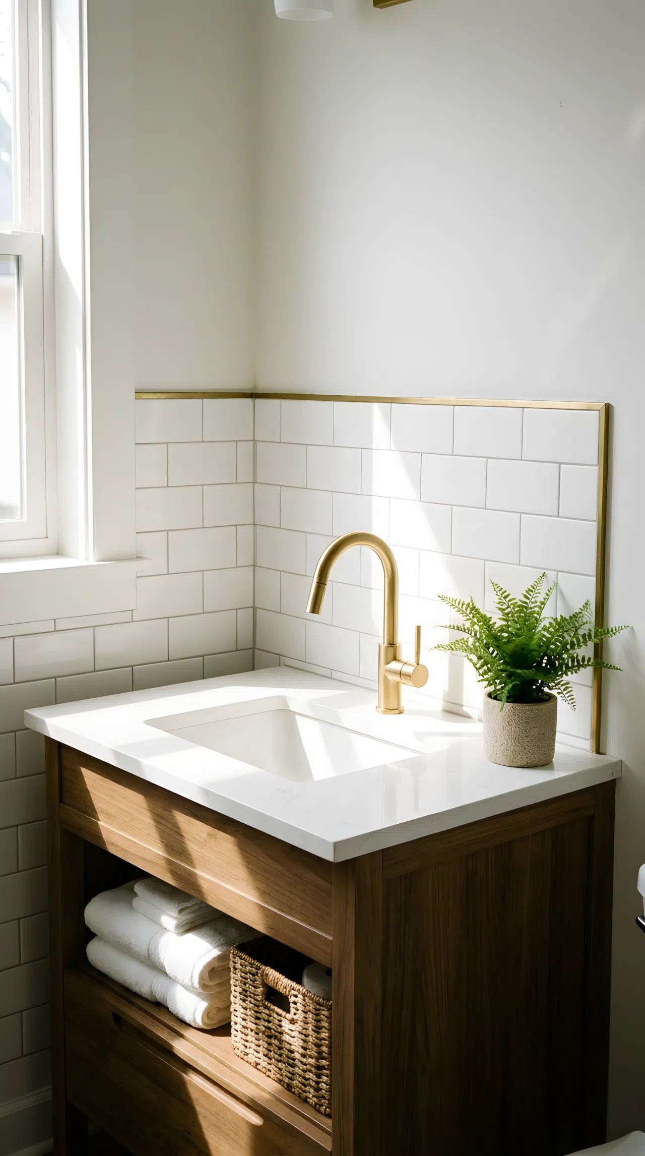 Real-life photograph of a bathroom vanity with plain white subway tile backsplash framed by a slim brass trim strip along the edges, brass faucet matching the trim, bright natural light, neatly organized, clean, stock photo style, no illustration.